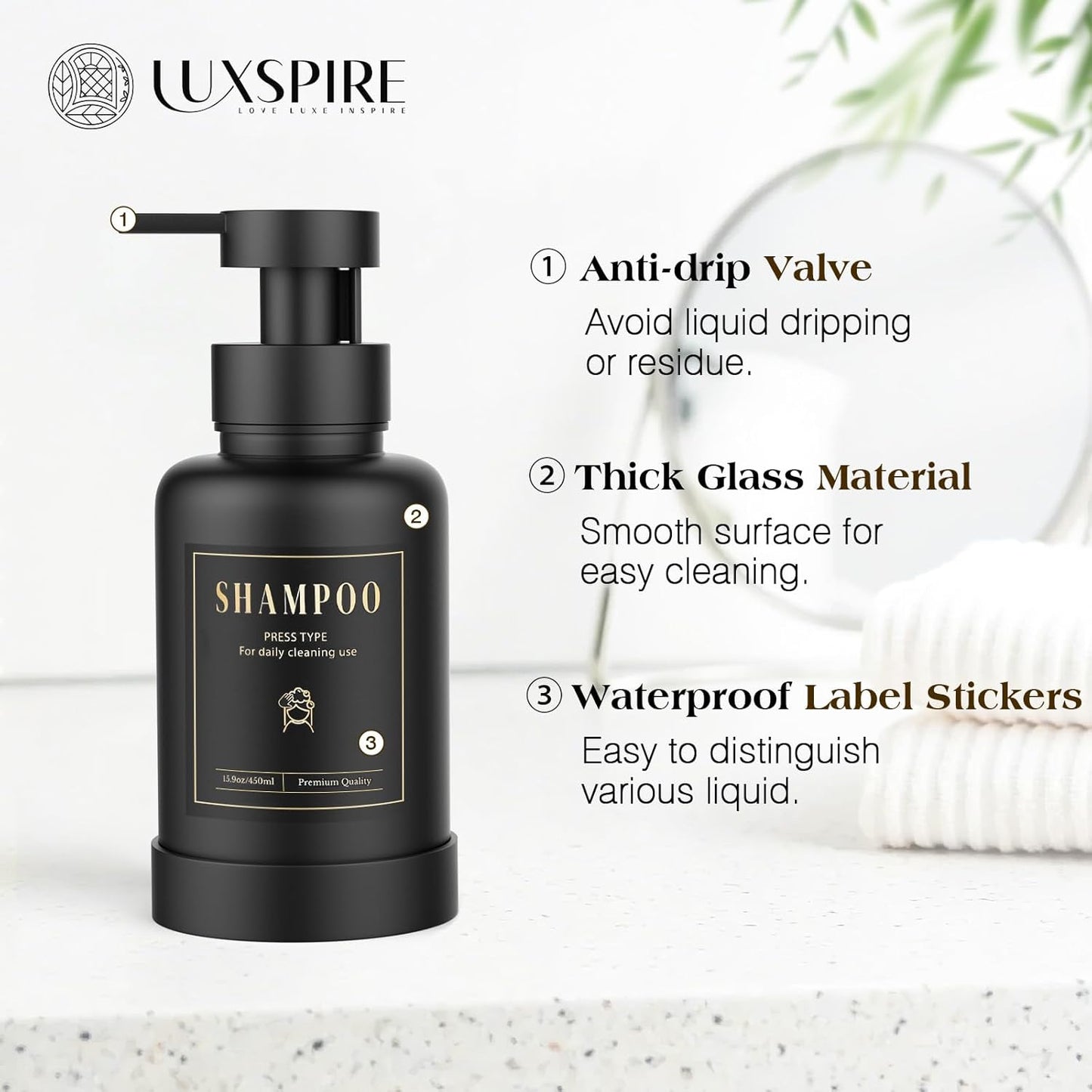 Luxspire Foaming Soap Dispenser, Glass Foam Pump Soap Dispenser, Non-Slip Hand Soap Container with 5 Waterproof Labels, 15 Oz Refillable Liquid Soap Holder for Bathroom & Kitchen, Black, 2 Pack