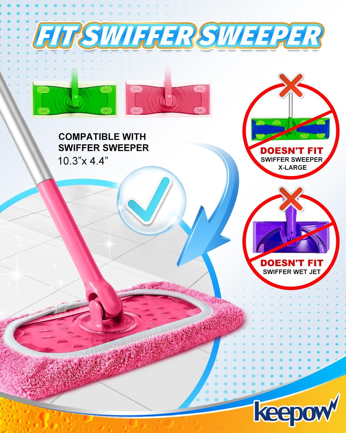KEEPOW 6 Pack Reusable Mop Pads Compatible with Swiffer Sweeper, Coral Fleece Pink Washable Swiffer Mop Pads, Dry & Wet Sweeping Mopping Cloths (Pink, Not Included Mop)