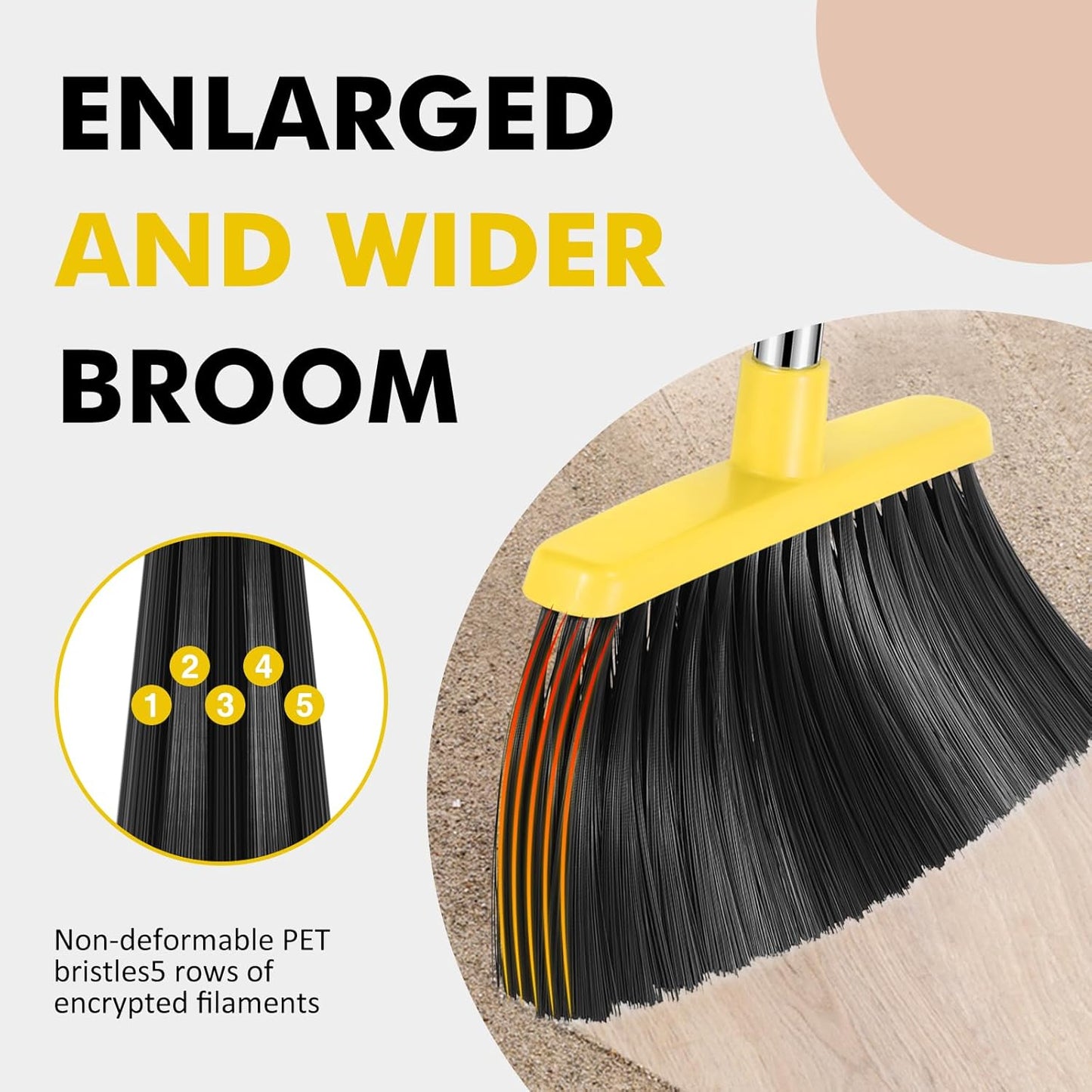 Heavy Duty Broom, 55 Inch Long Handle Outdoor Large Angle Brooms, Commercial Broom for Sweeping Indoor, for Home Garage Kitchen Office Courtyard Lobby Patio Lawn Concrete, Yellow