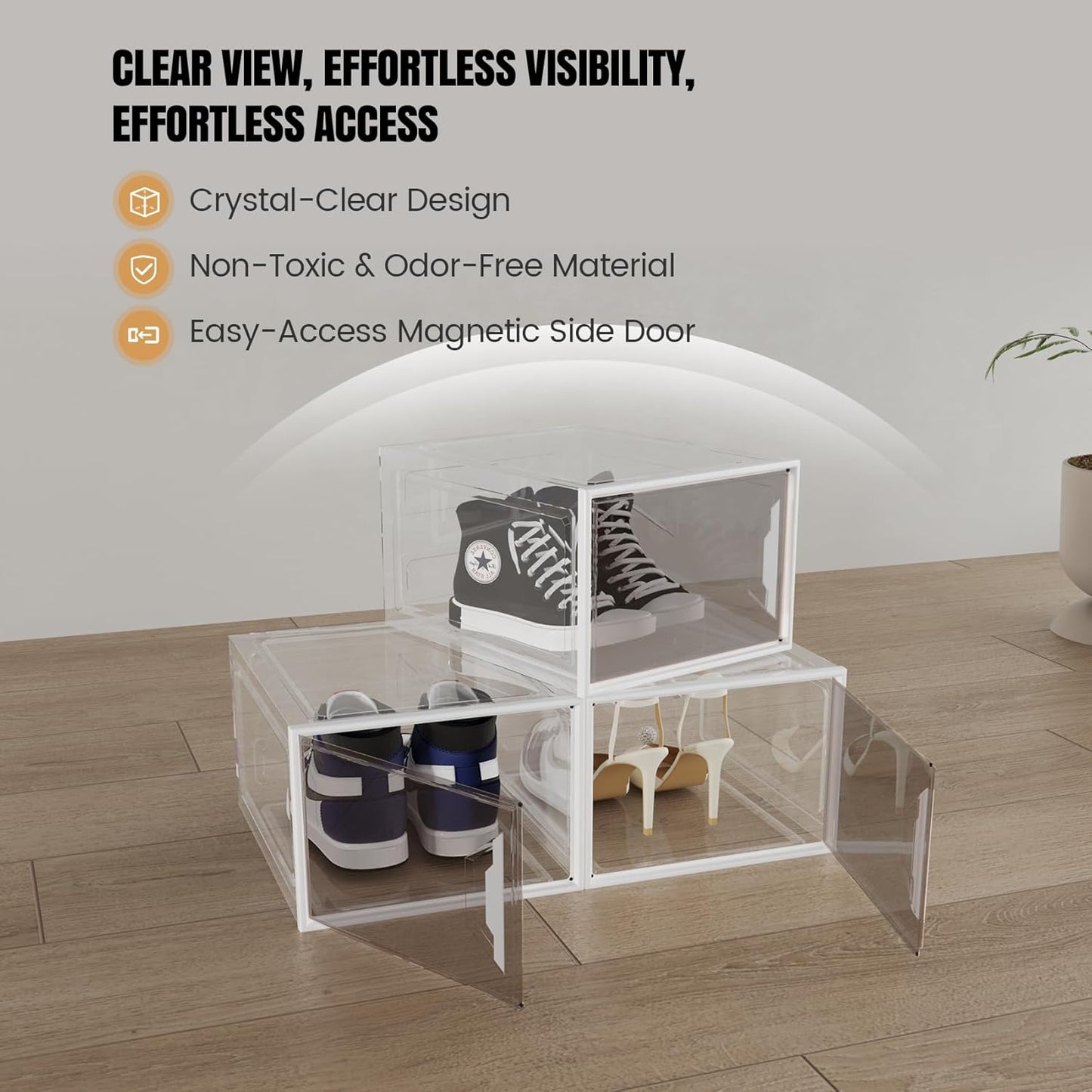 Shoe Storage Boxes Stackable, X-Large Plastic Clear Shoe Organizers with Magnetic Door, Thicken & Sturdy Sneaker Containers, Toy Storage Organizer Bins for Entryway, Closet, Under Bed