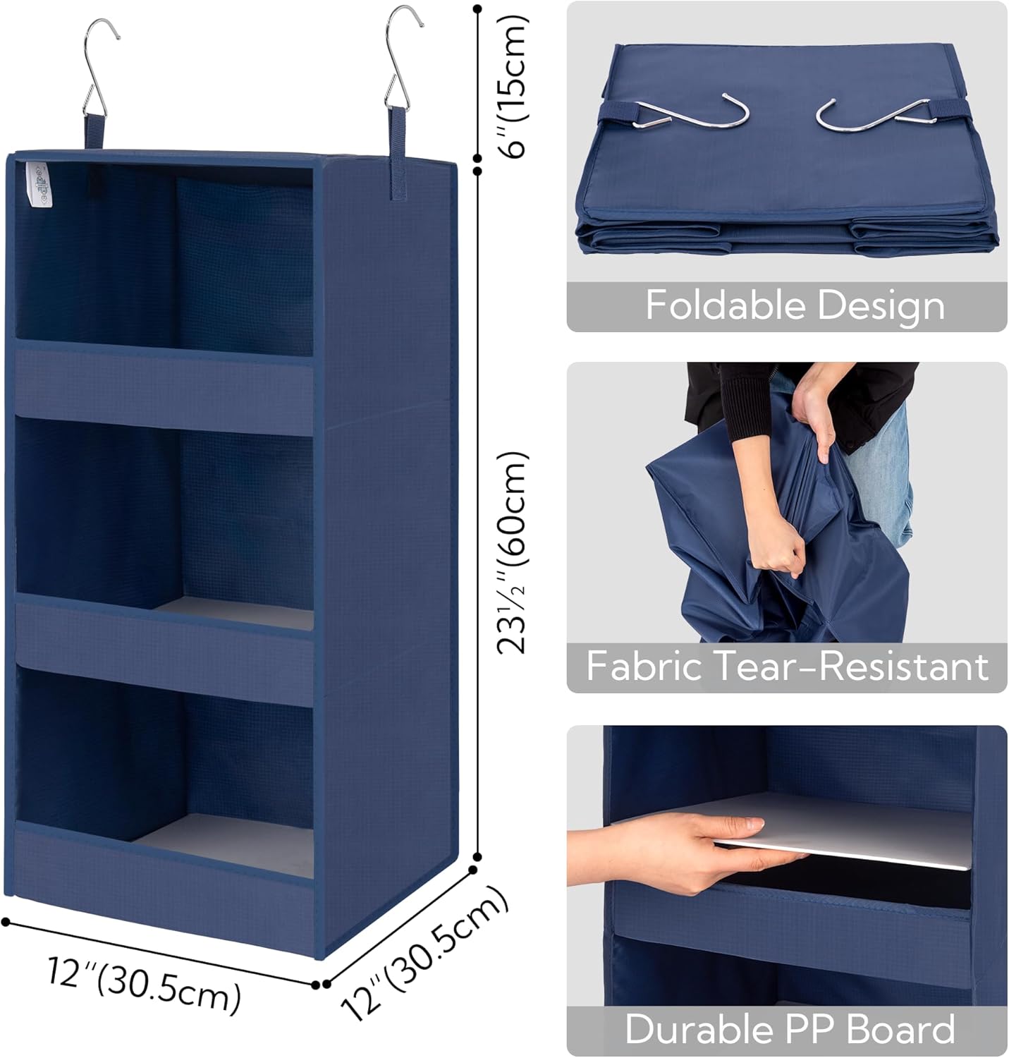 GRANNY SAYS 3-Shelf Closet Organizers and Storage, Foldable Hanging Closet Organizer, Closet Hanging Shelves with 2 Metal Hooks, Leak-Proof Hanging Organizer for Closet, Navy, 2-Pack