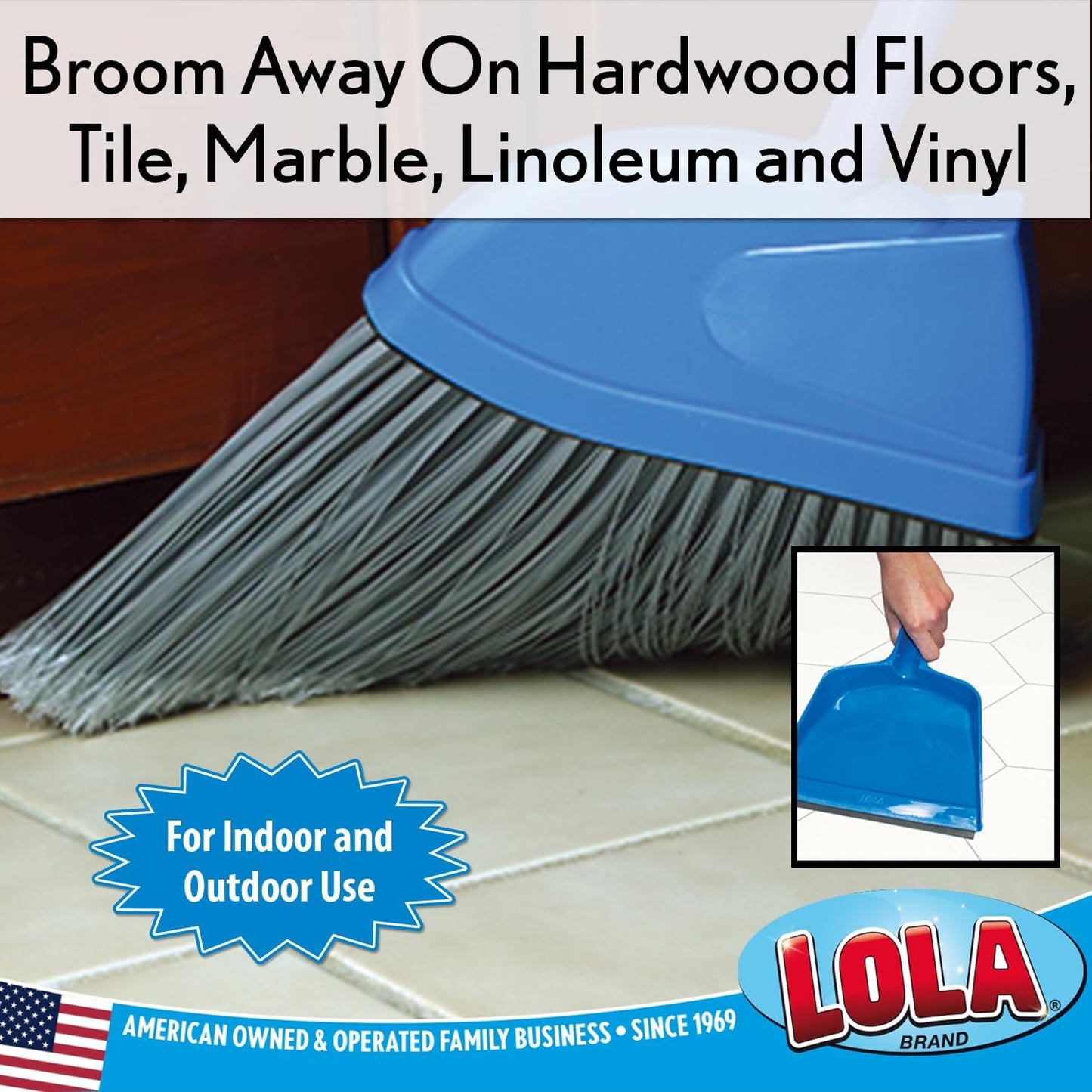 Angle Broom w/Dustpan, Indoor, 9.25" W Head, Smaller Style- Made w/Recycled Soda Bottles & Polished Aluminum Lightweight Handle, by LOLA, 1 Pack