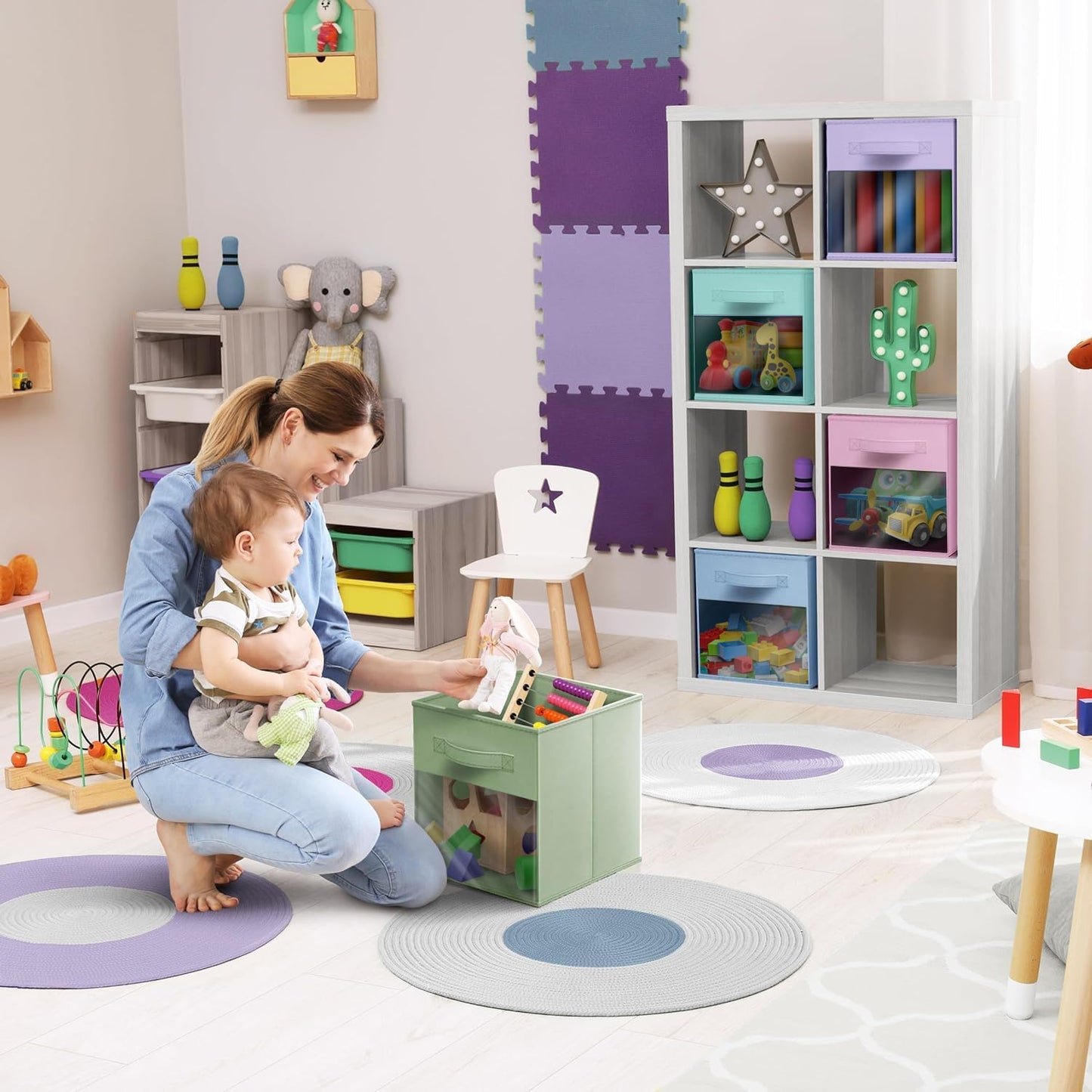 Sorbus 11 Inch Storage Bins with Clear Window - 6 Foldable Baskets for Organizing Clothes, Toys, Books - Sturdy Collapsible Fabric Storage Cubes with Handle - Storage Baskets for Shelves, Closets