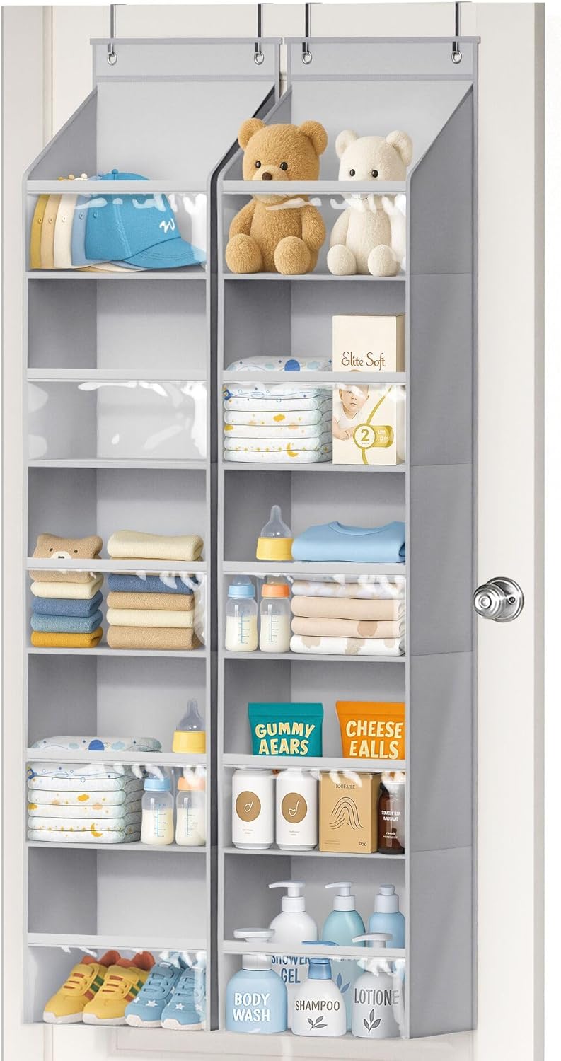 AOODA 2 Pack Over the Door Organizer, Large Capacity Closet Door Hanging Organizer, Clear Deep Pockets Baby Organizer Storage for Nursery, Bathroom, Bedroom, Pantry, Diapers (Grey)