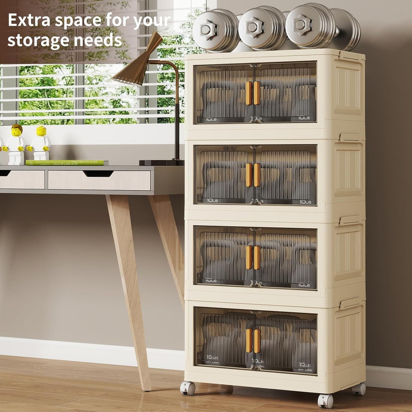 4 Tier Stackable Plastic Storage Bins with Lids 48QT, Collapsible Closet Organizers and Storage with Wheels for Living Room,Office,Dorm