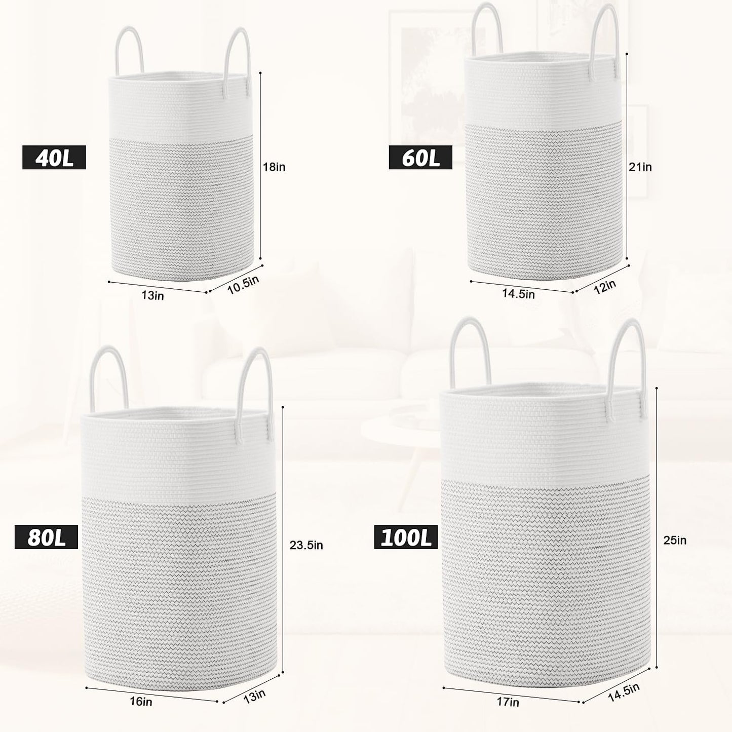 Laundry Basket,Woven Cotton Rope Laundry Hamper,Versatile Storage for Dirty Clothes,Baby Toys,and Blankets in Bathroom, Nursery,and Living Room (White, 100L)