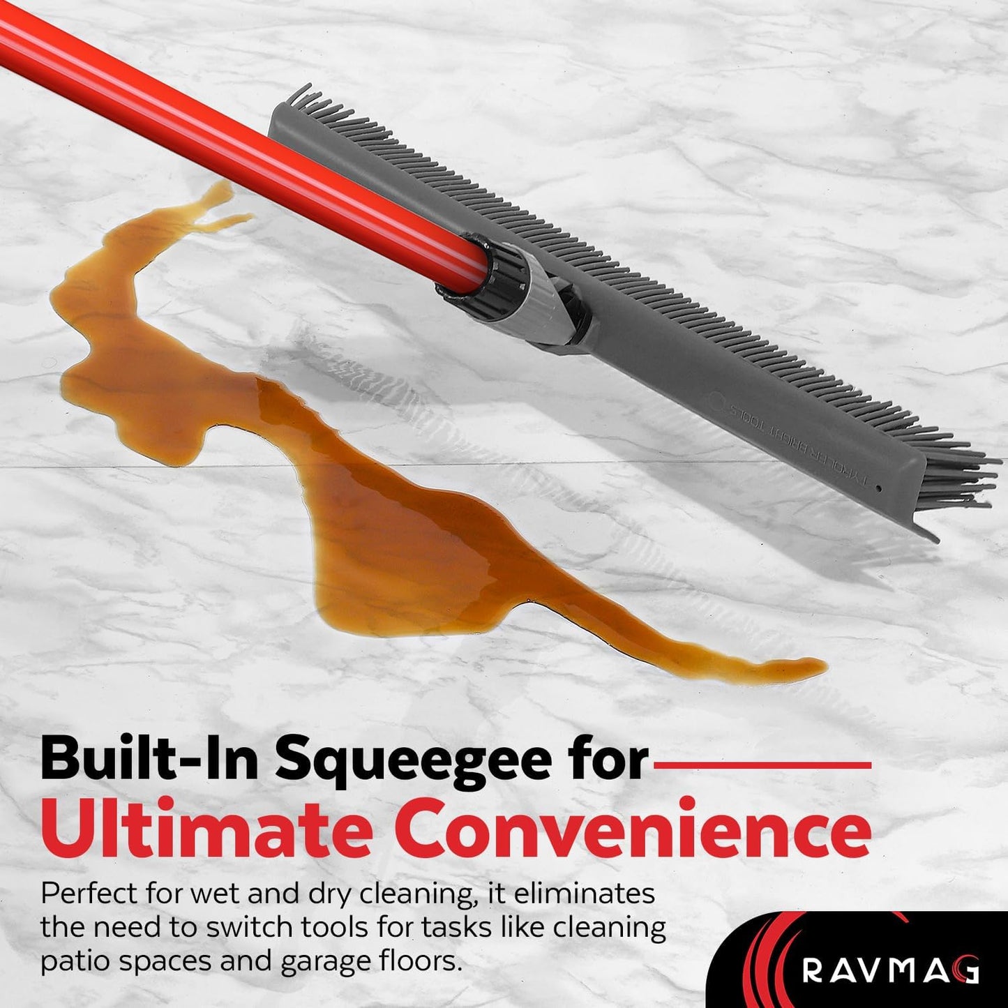 2-in-1 Silicone Rubber Broom Carpet Rake and Squeegee - Swivel Pet Hair Removal Broom with Long Handle - Slanted Side Bristles for Corners - Multipurpose Rubber Broom for Carpet, Hardwood Floor, Tile