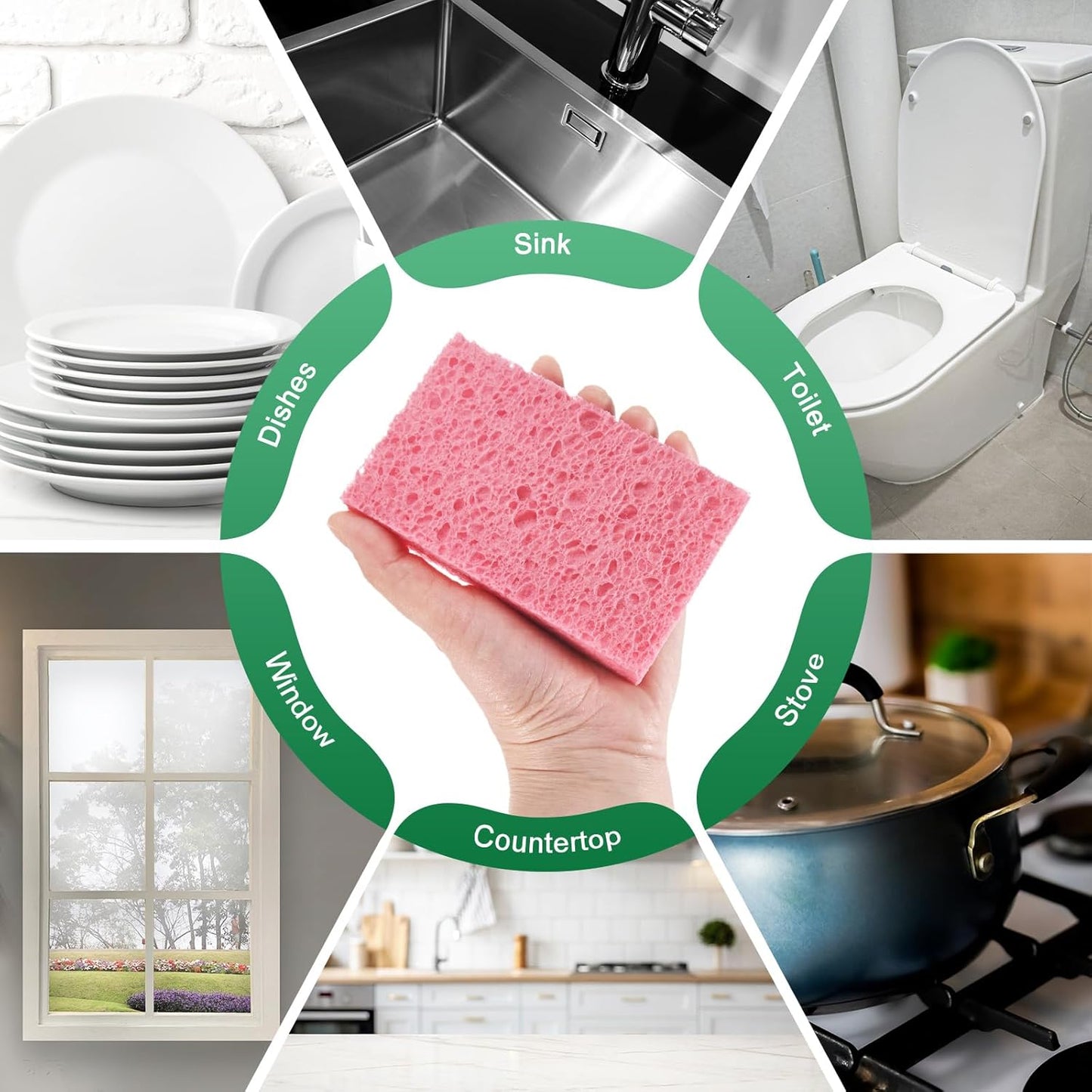 6-Pack Kitchen Sponges, Condense Eco Cellulose Non-Scratch Scrub Heavy Sponge for Kitchen/Household/Bathroom, Clean Tough Messes Dish Scrubber [Pink]