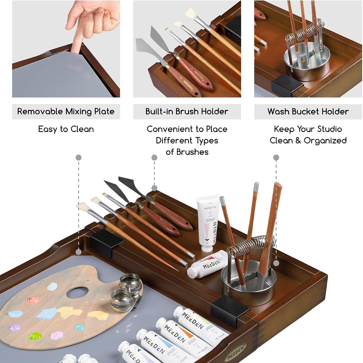 MEEDEN Art Supplies Storage Cart: 5-Tier Solid Beech Wood Utility Rolling Cart with 3 Drawers - Craft Orgnizer on 4 Wheels - Walnut Color