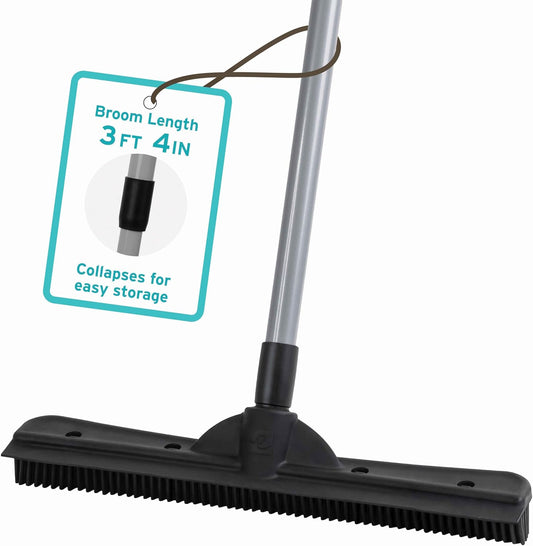 FURemover Compact Pet Hair Rubber Broom with Squeegee, with Handle That Telescopes up to 40" for Carpet, Tile and Hardwood