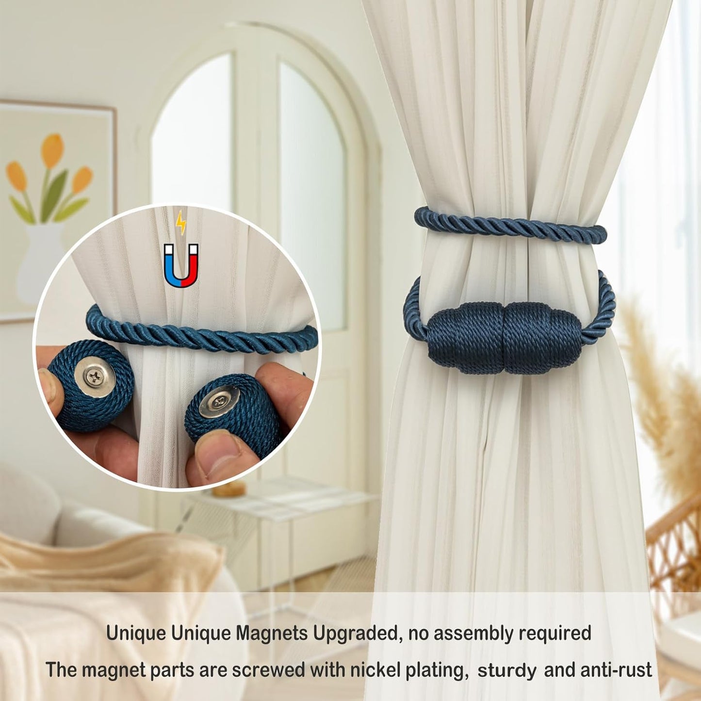 Magnetic Curtain Tiebacks - Rope Tiebacks for Curtains & Drapes, Decorative Window Holdbacks (2 Pack, Blue)