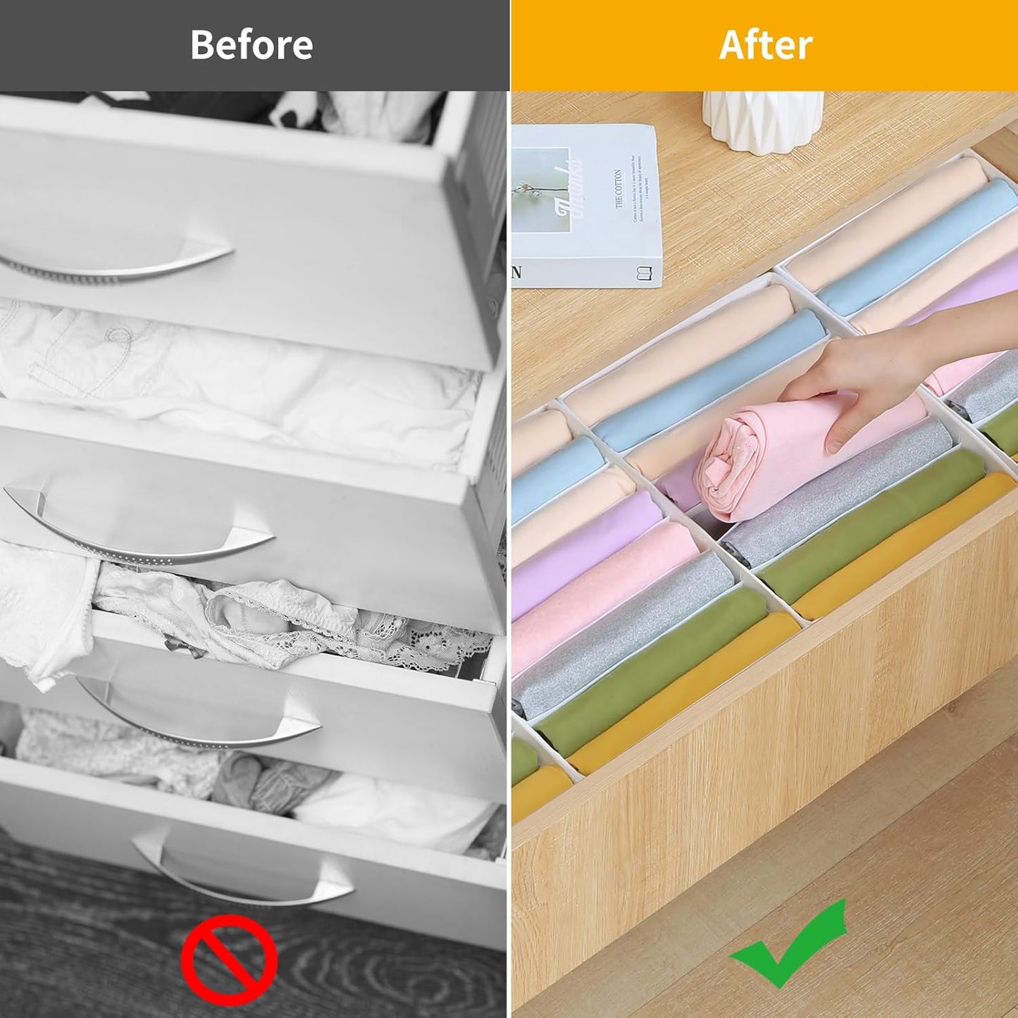 4 Packs T-shirt Drawer Organizers for Clothing,8 Grids Compartment Wardrobe Storage Box, Washable Clothes Organizer for Folded Clothes, T-shirt, Legging, Silk Scarve-White