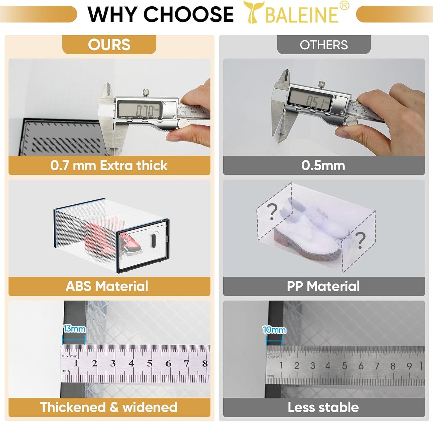 BALEINE 12 Pack Stackable Shoe Storage Boxes Fit Size 9, Thickened Clear Shoe Box Bins with Lids, Plastic Foldable Organizer Sneaker Storage Containers (Large, Black)