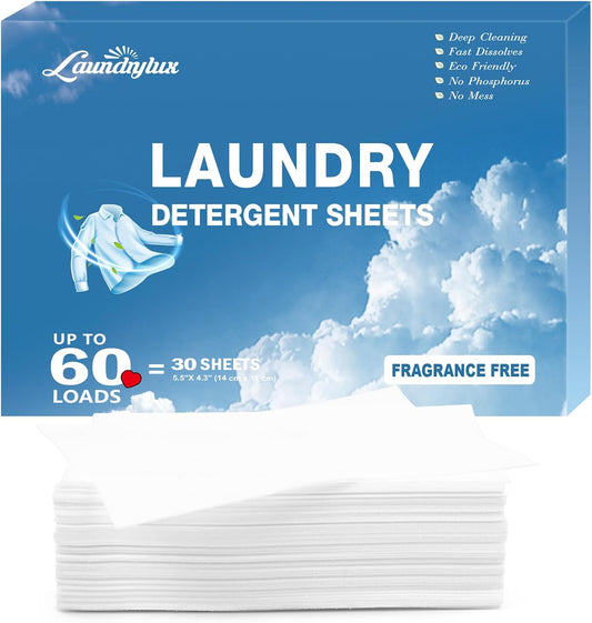 Laundry Detergent Sheet, Eco-Friendly & Hypoallergenic Wash Strips, Natural Ingredients, Ultra-Concentrated, Travel-Ready, No Plastic Jug- Unscented, (60 Loads) 30 Sheets