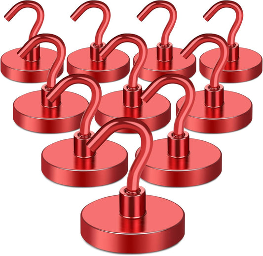 MIKEDE Magnetic Hooks Heavy Duty, 150LB Strong Magnet with Hook for Fridge, Super Neodymium Strength Industrial Hanging, Hanger Toolbox, Cruise, Grill(Red,10 Pack)
