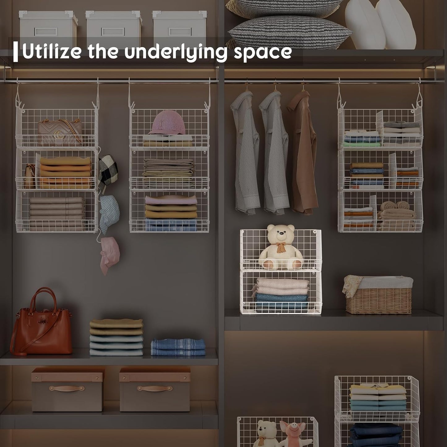 5 Tier Extra Large Closet Hanging Shelves with Divider,2 Pair Hook,16.5"L x 11.8"W x 51.4"H Closets Organizers and Storage,Clothes Organizer Clothing Sweaters Shoes Handbags Clutches Accessories-White