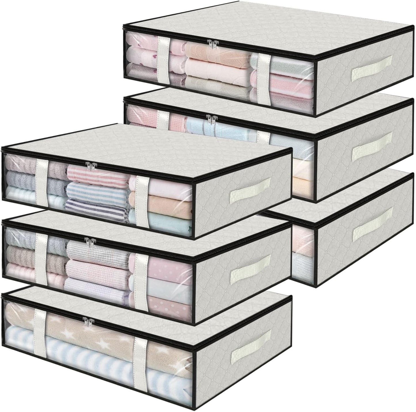 StorageRight Under Bed Storage Bins, 6-Pack 40L Foldable Fabric Storage Bags with Transparent Window, Breathable Organizer for Clothes/Blanket/Comforter/Quilt, White