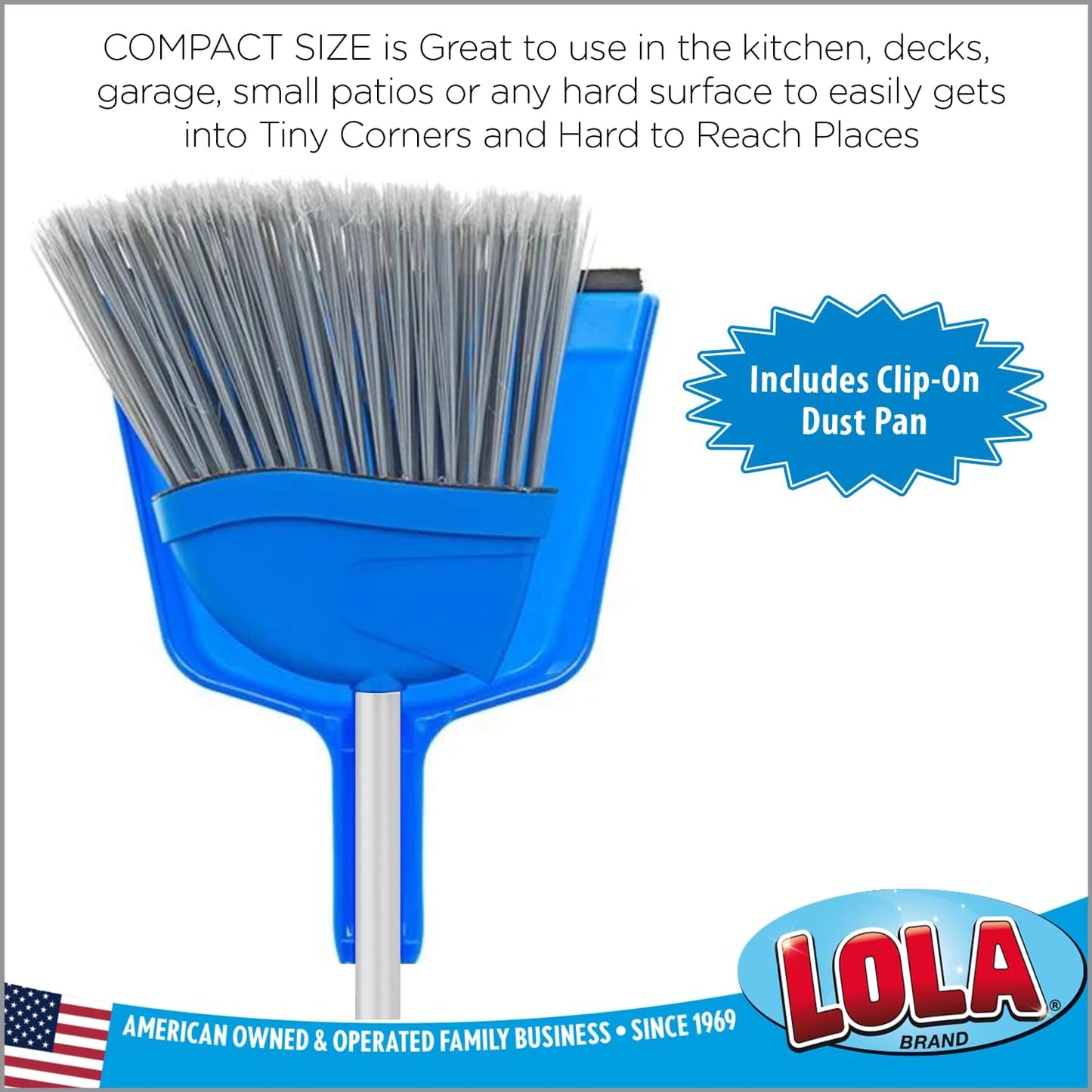 Angle Broom w/Dustpan, Indoor, 9.25" W Head, Smaller Style- Made w/Recycled Soda Bottles & Polished Aluminum Lightweight Handle, by LOLA, 1 Pack