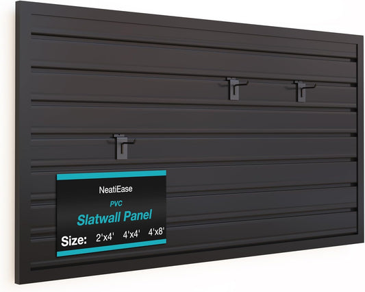 NeatiEase Slatwall Panel Wall Storage Systems, 2 x 4ft Slat Wall Paneling Garage Wall Organizer, Heavy Duty Wall Mounted PVC Wall Rack (Black)
