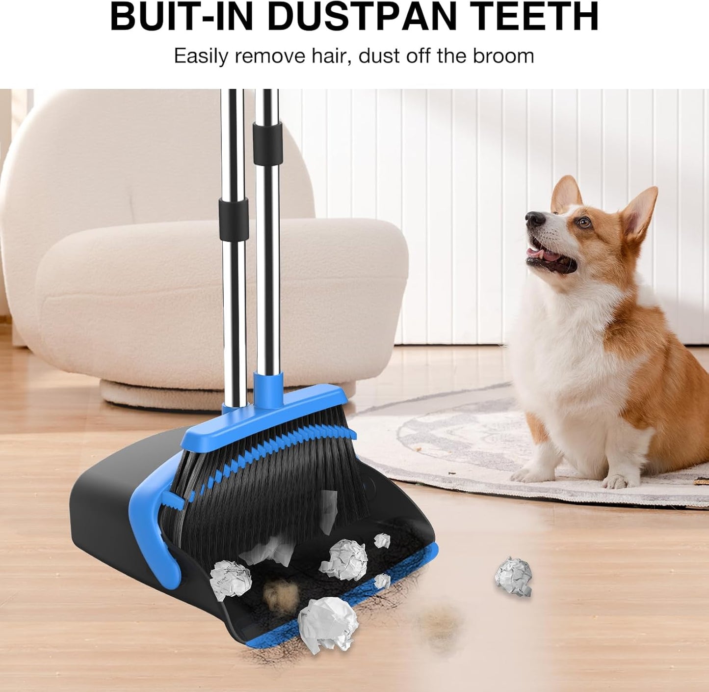 NACENA Broom and Dustpan Set, 52-in Long Adjustable Handle Broom Dustpan Combo with Dustpan Teeth to Automatically Clean Hair Suitable for Home Kitchen Office Hall Floor (Black&Blue), 2 Pack