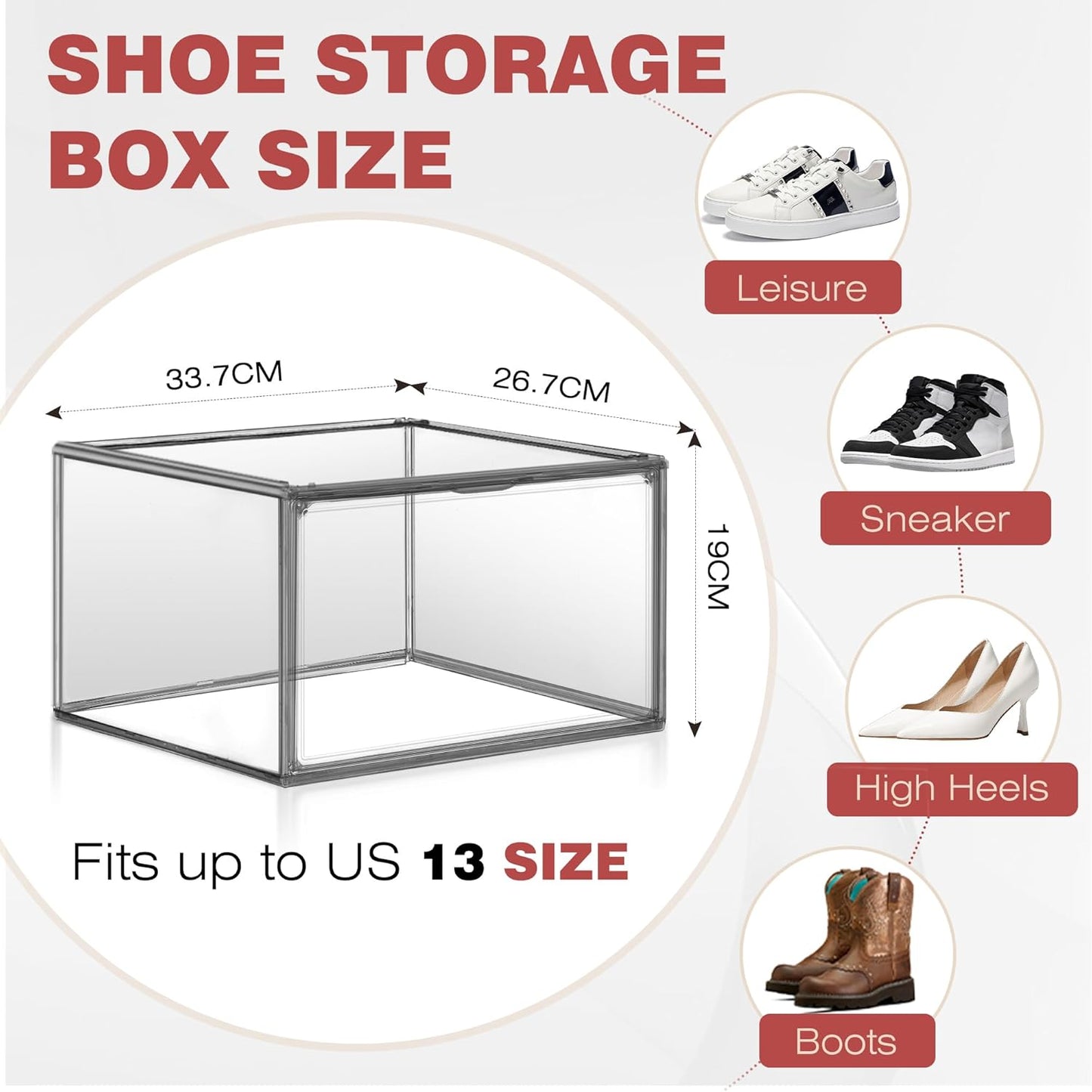 Shoe Organizer for Closet Clear Storage Box Sturdy Plastic Stackable Shoe Rack Sneaker Display Case with Magnetic Lids, 1 Pack Size 13