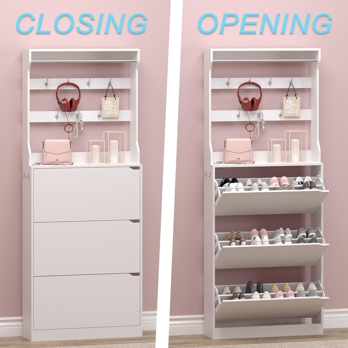 Shoe Cabinet with 3 Flip Drawers & Coat Rack, Narrow Hidden Shoe Storage Cabinet, 2-in-1 Hall Tree Slim Freestanding Shoe Rack Organizer for Entryway, Hallway, and Living Room