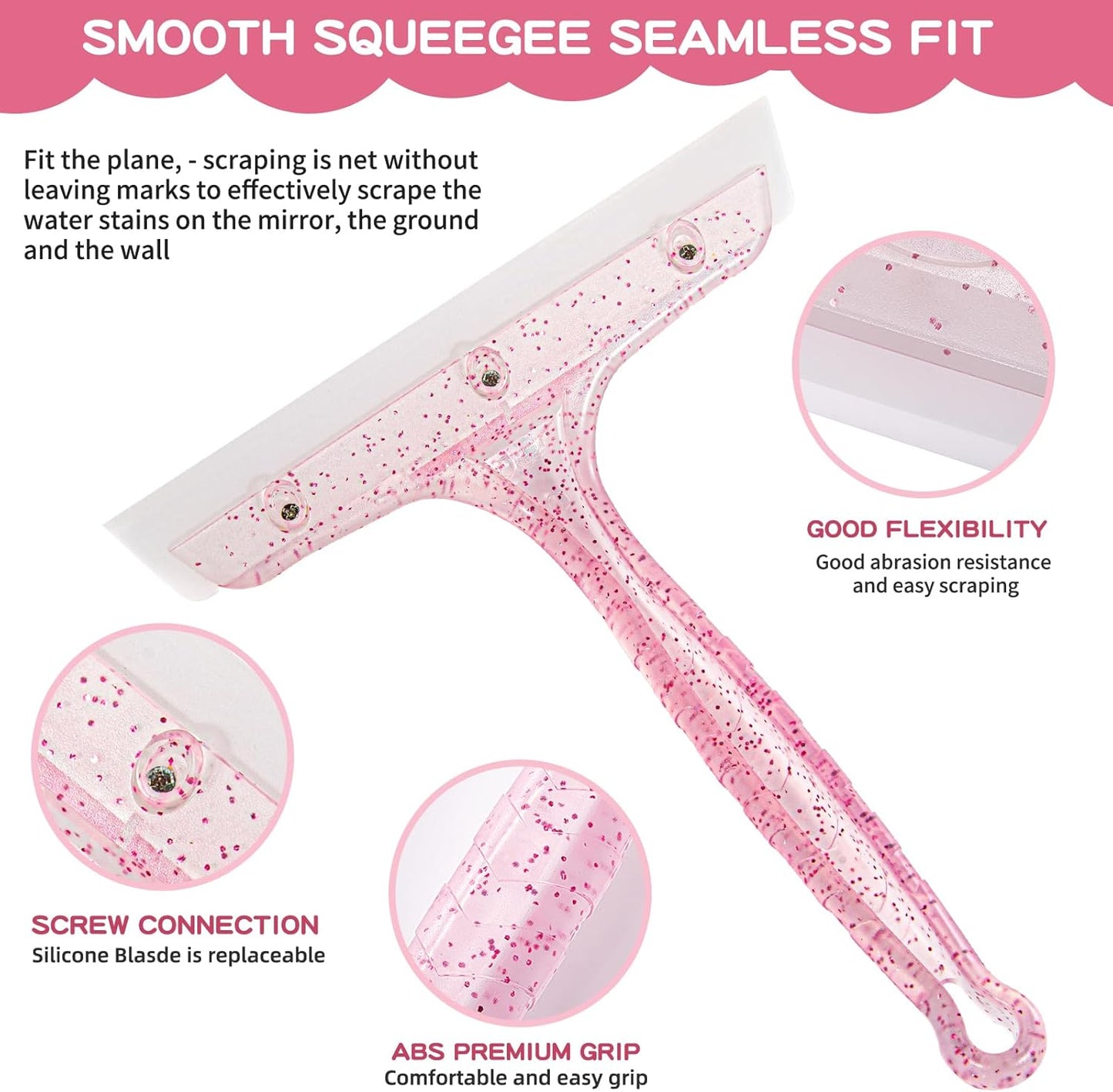 Shower Squeegee for Glass Doors, Bathroom Squeegee for Shower, Window Squeegee - Pink Comb and Squeegee Set for Hair Care and Glass Cleaning, by LTLUTU
