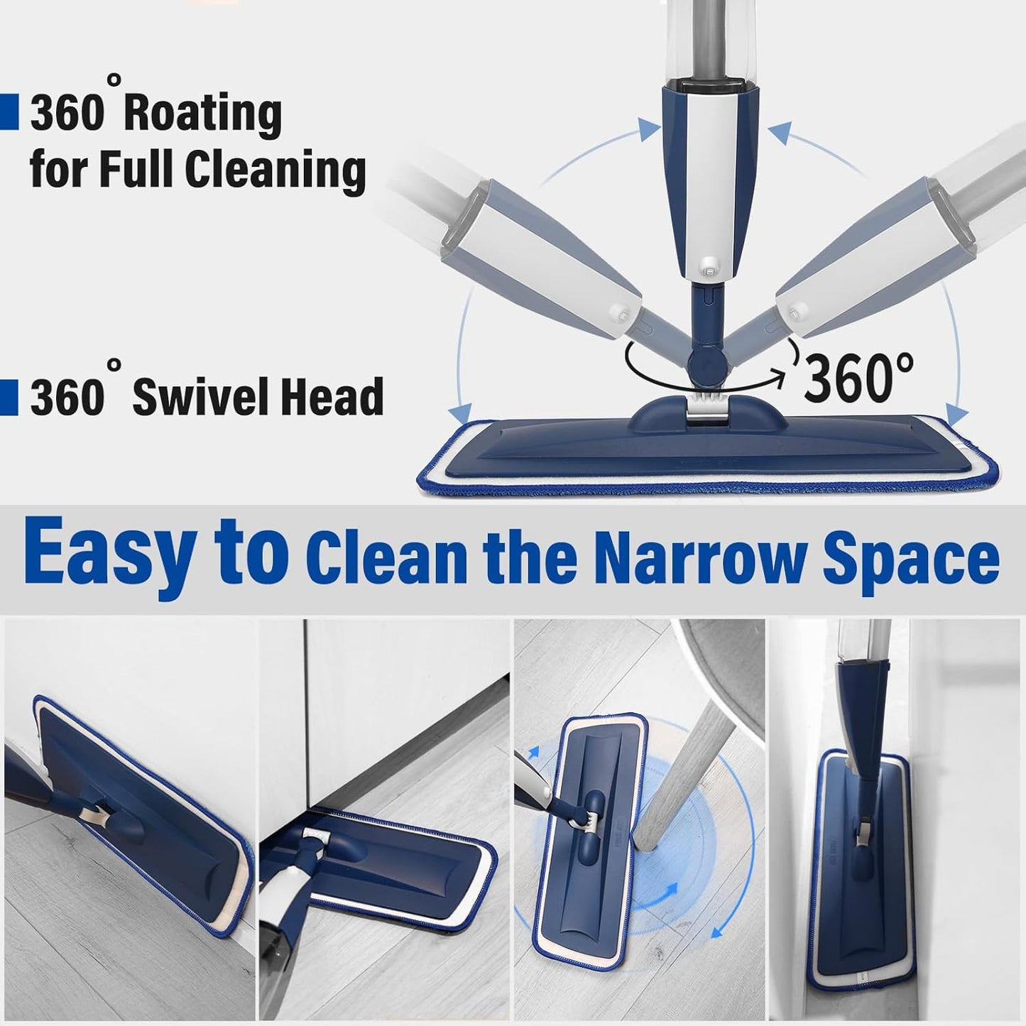 Spray Mops for Floor Cleaning Floor Mop with a Refillable Spray Bottle and 3 Washable Microfiber Pads Home or Commercial Use Dry Wet Flat Mop for Hardwood Laminate Wood (Dark Blue)