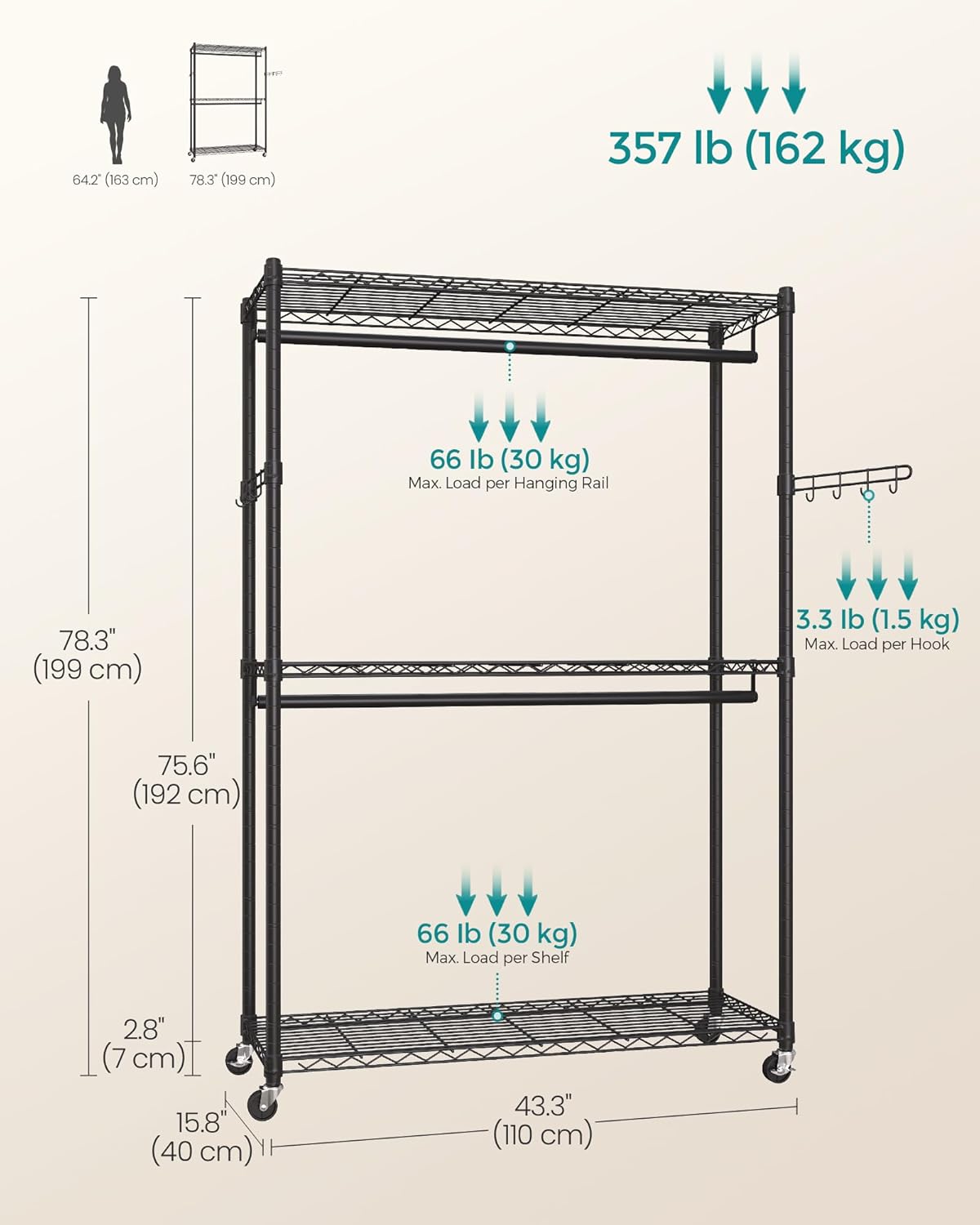 SONGMICS Heavy-Duty Rolling Clothes Rack, Garment Rack, Portable Closet, 43.3-Inch Wide Clothing Rack on Wheels, with Adjustable Mesh Shelves and Hanging Rails, Hooks, Ink Black ULGR414B01