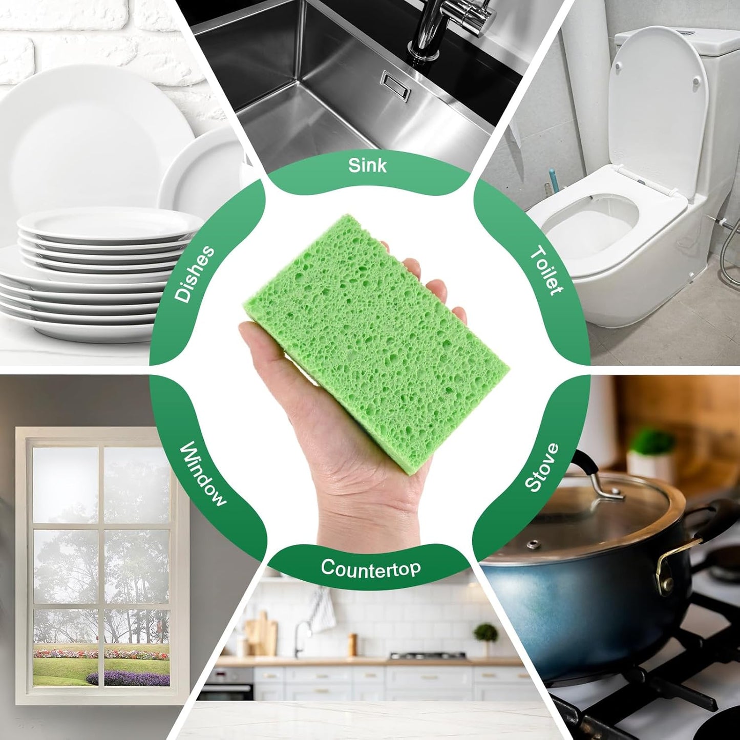 6-Pack Kitchen Sponges, Condense Eco Cellulose Non-Scratch Scrub Heavy Sponge for Kitchen/Household/Bathroom, Clean Tough Messes Dish Scrubber [Green]