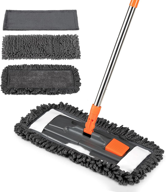 Dust Mop for Floor Cleaning with 3 Washable Pads (Chenille, Terry Cloth, Microfiber) and 55” Long Stainless Steel Handle,Microfiber Mop for Hardwood Floors, Tile, Marble Floors