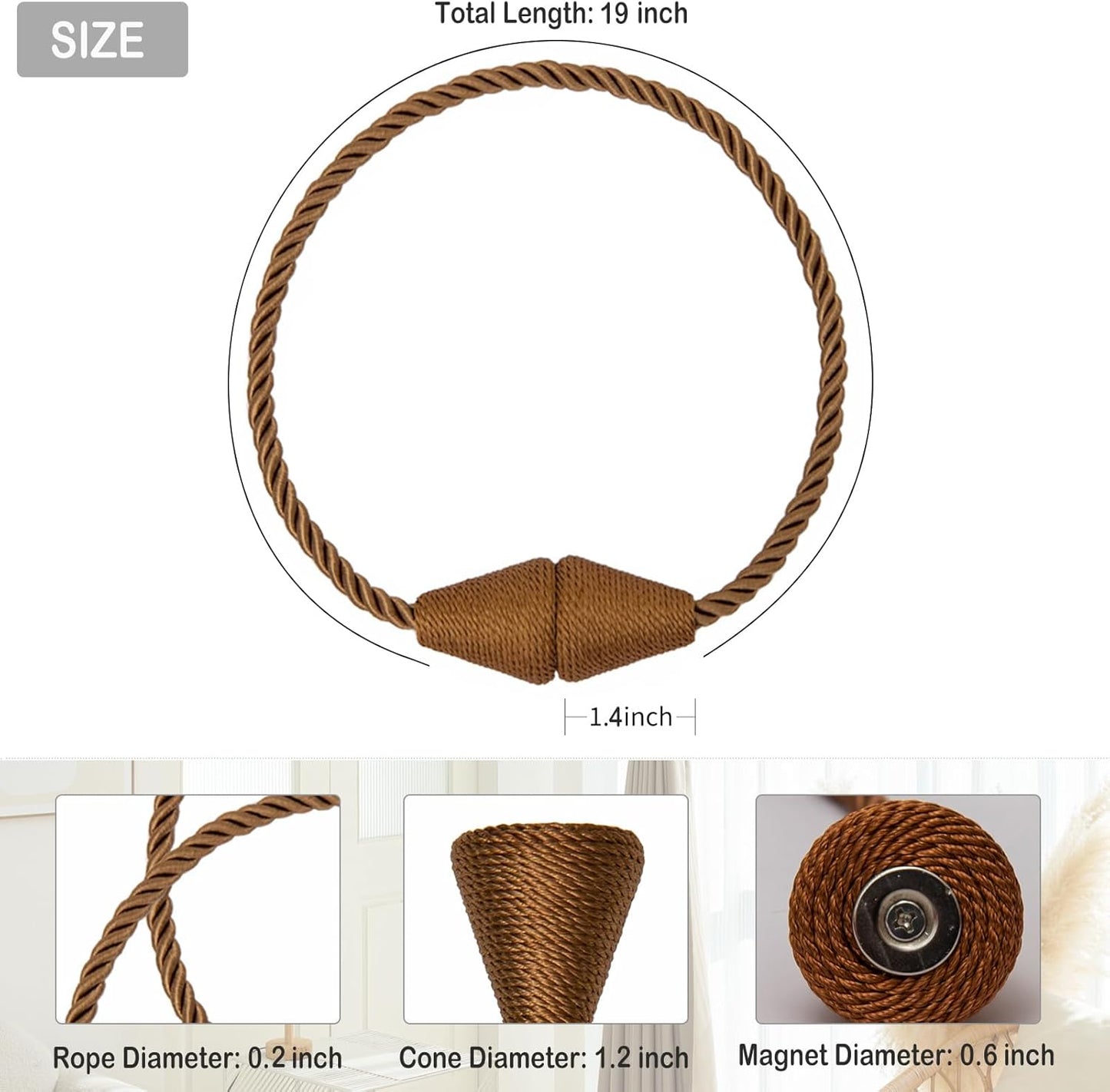 Magnetic Curtain Tiebacks 4 Pack Outdoor Rope Curtain Tie Backs Decorative Window Treatment Holdbacks for Home Decorative Curtain, Khaki