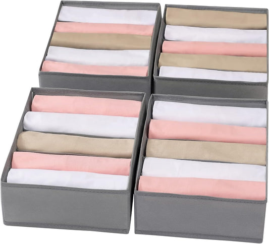 4 Packs T-shirt Drawer Organizers for Clothing,5 Grids Compartment Wardrobe Storage Box, Washable Clothes Organizer for Folded Clothes, T-shirt, Legging, Silk Scarve-Grey