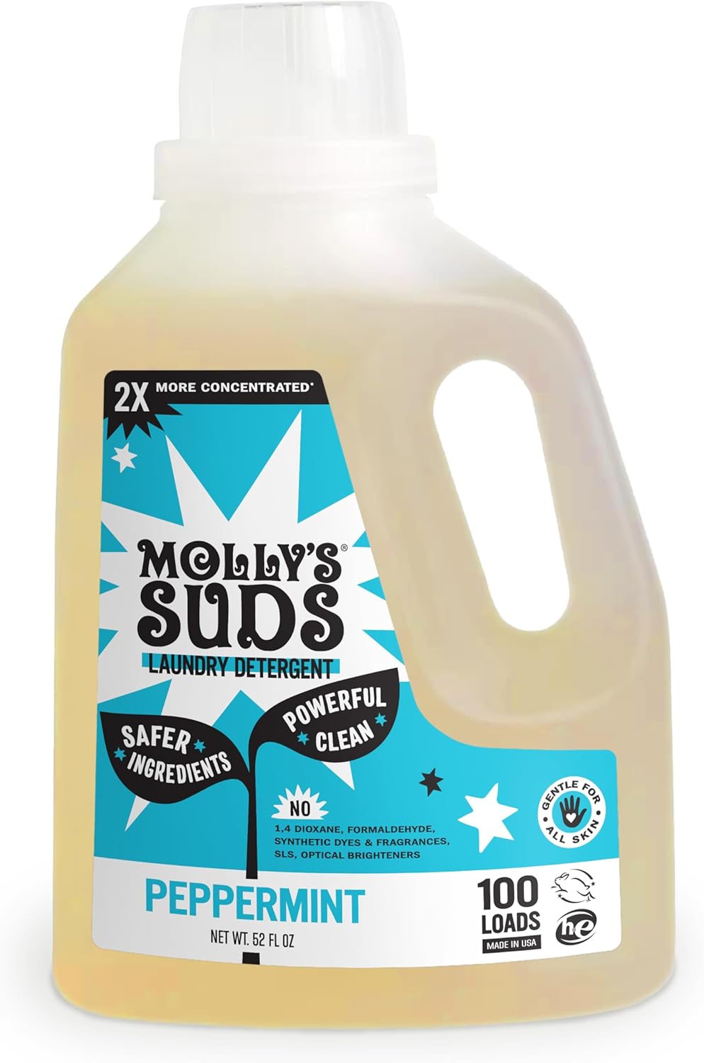 Molly's Suds Liquid Laundry Detergent | Clean Laundry Detergent Soap for Sensitive Skin | 2x Concentrated, High Efficiency (HE) | Peppermint - 100 Loads