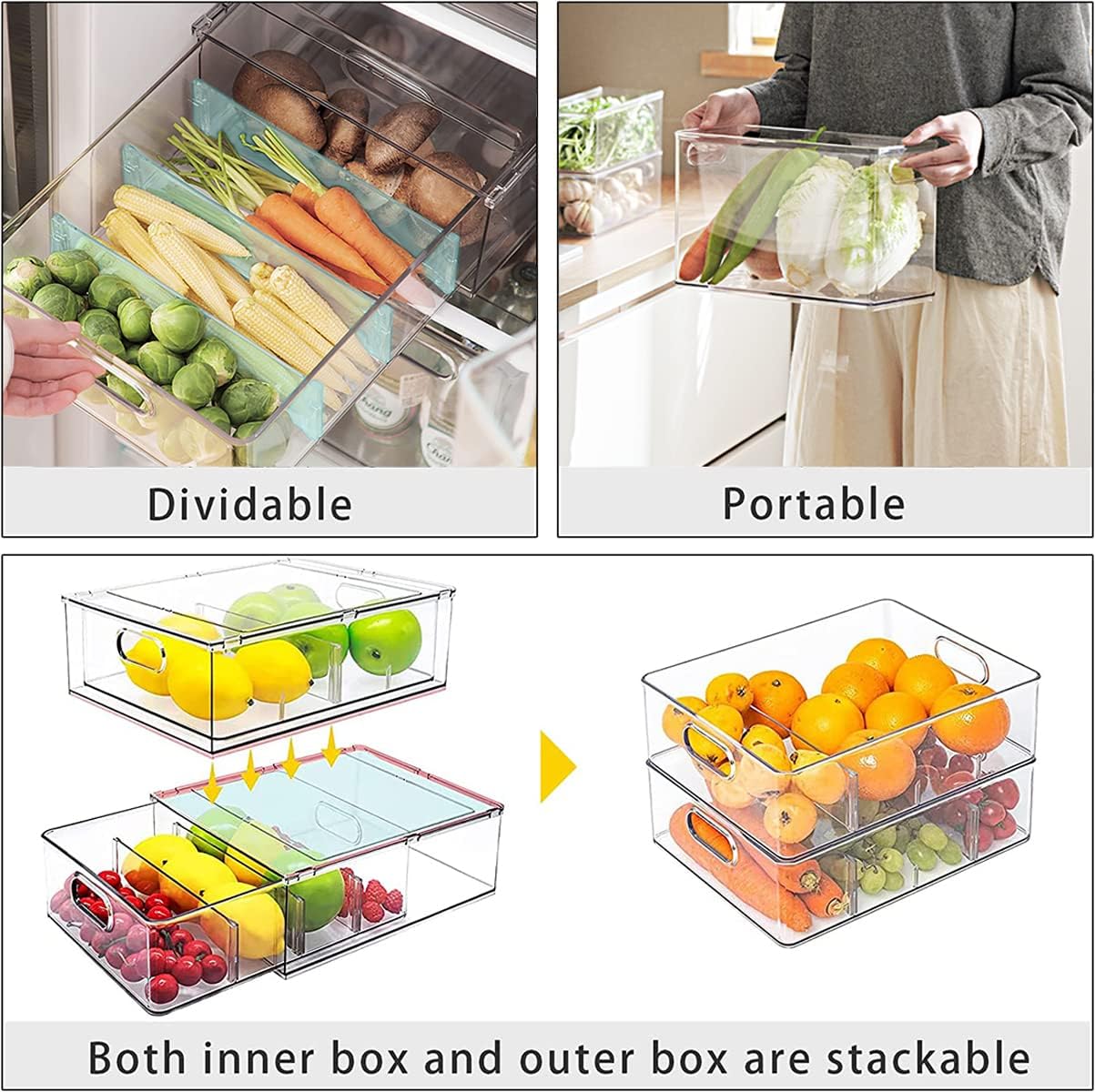 MineSign Stackable Fridge Drawer Pull-Out Bins with Handles 3 Pack Large Clear Food Container with Removable Dividers Refrigerator Storage box Divided Produce Saver for Pantry Kitchen