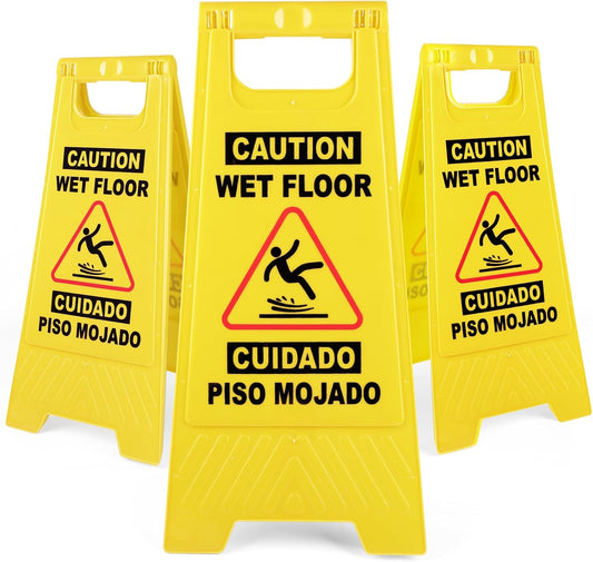 XPCARE 24 Inches Caution Wet Floor Sign, 3PCAK Yellow Bilingual Double-Sided Safety Warning Signs,A Frame Safety Wet Floor Signs Commercial