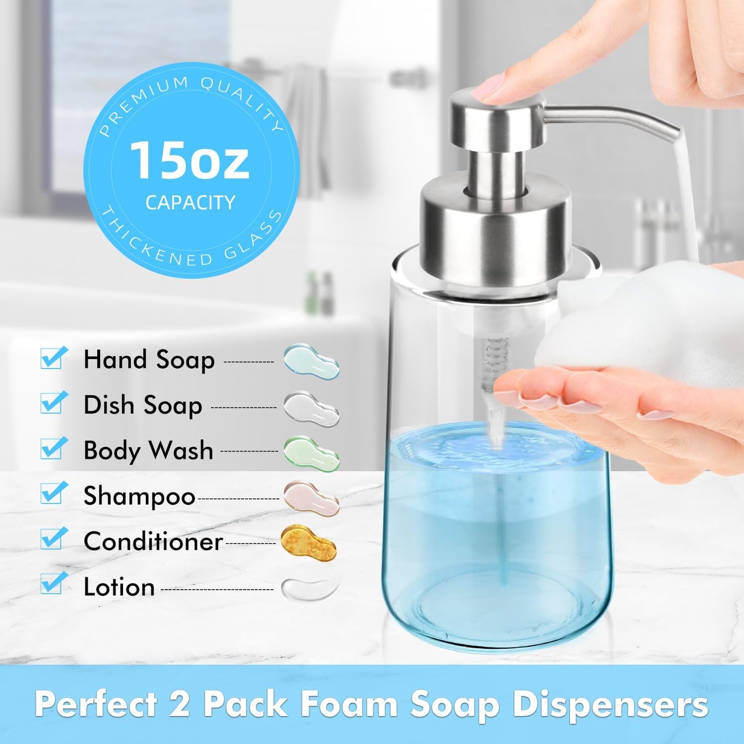 2 Pack Glass Foaming Soap Dispenser With Waterproof Labels, Hand and Dish Set, Rust Proof Stainless Steel Pump, 15 Oz Clear Bottle for Kitchen & Bathroom