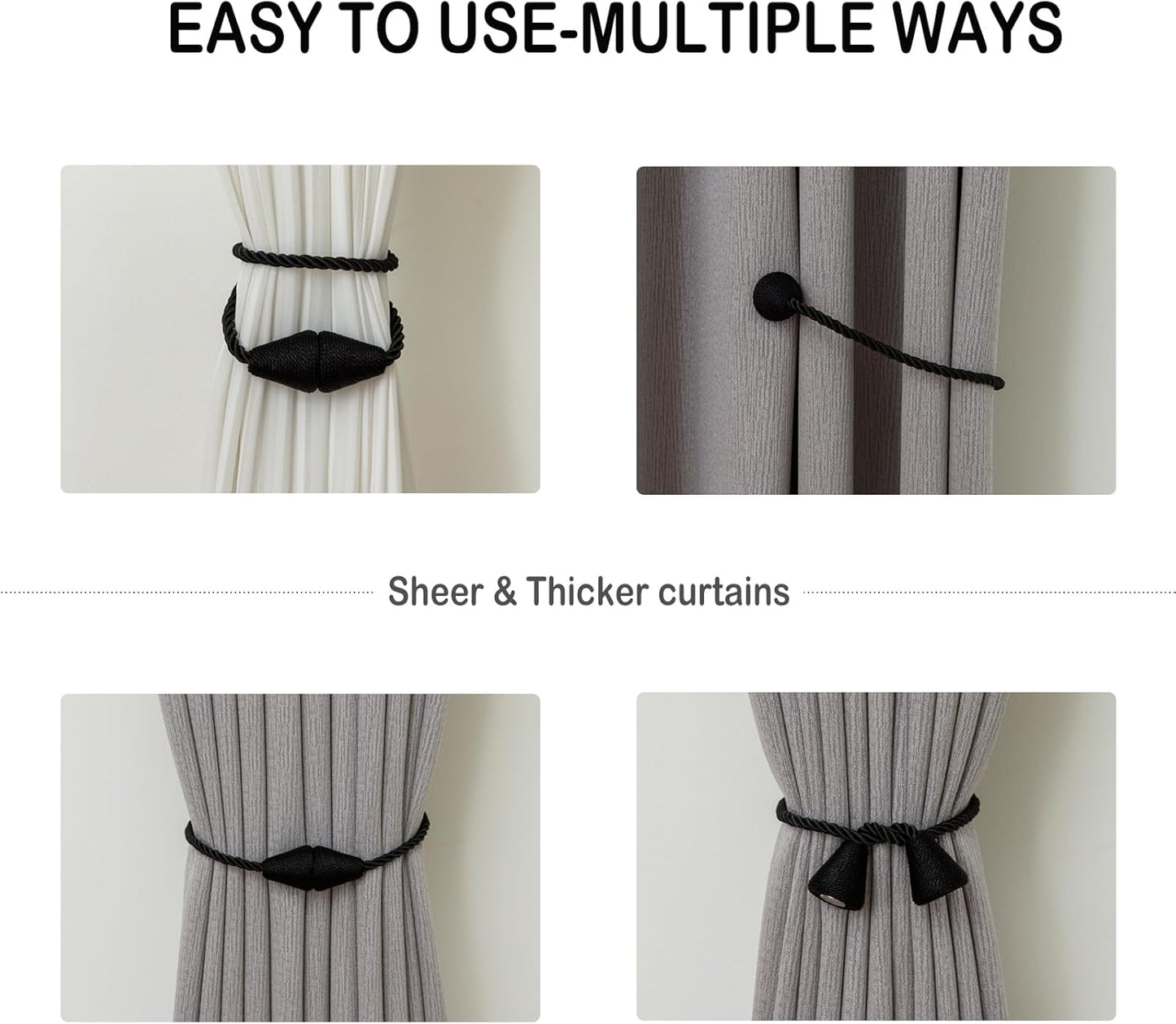 Magnetic Curtain Tiebacks 4 Pack Outdoor Rope Curtain Tie Backs Decorative Window Treatment Holdbacks for Home Decorative Curtain, Black