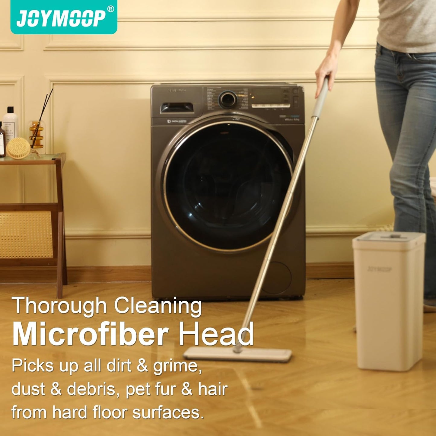 JOYMOOP Hands-Free Self-Cleaning Microfiber Mop and Bucket with Wringer Set for Home, Mops for Floor Cleaning and Wall Cleaner, Hardwood, Tile, Laminate, Vinyl Floors, Smooth Walls, and Glass Windows