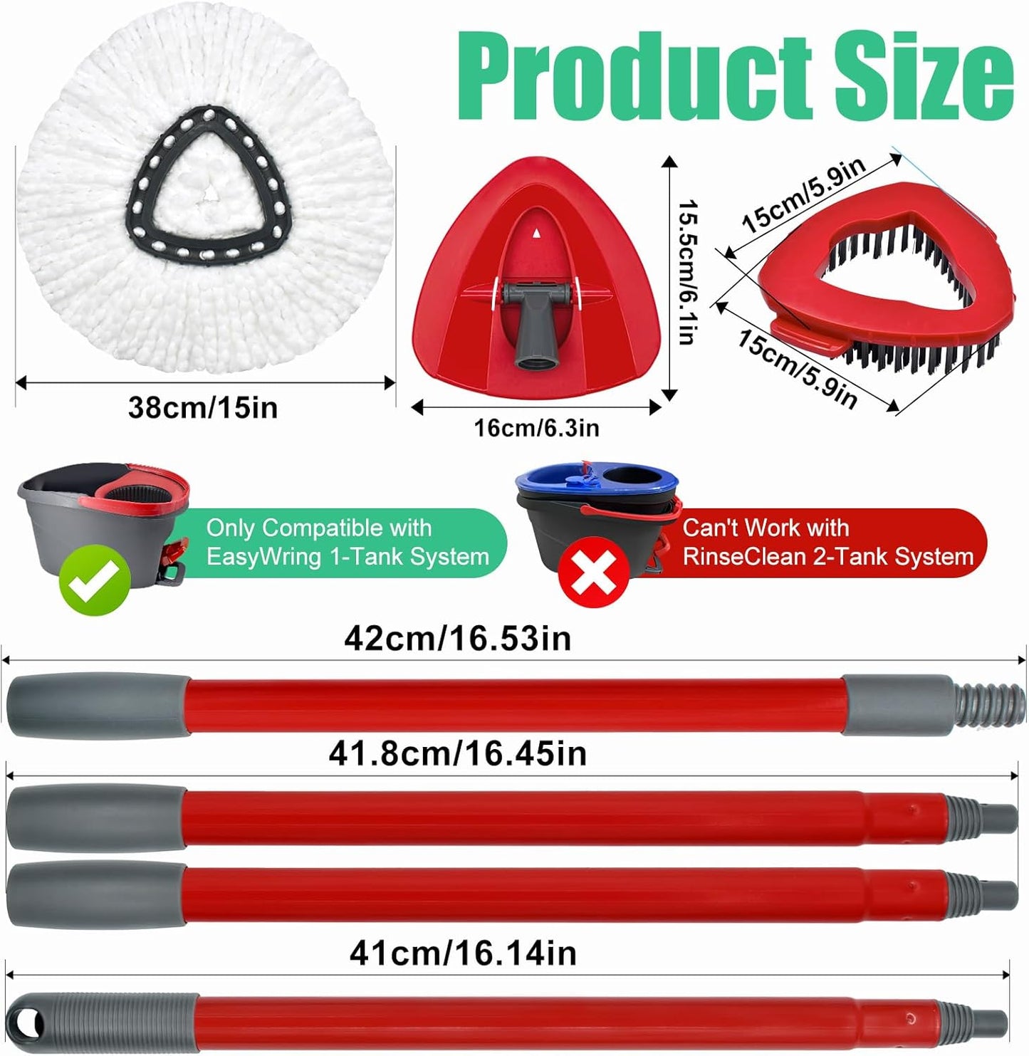 Spin Mop Heads Replacements for O Ceda EasyWring 1-Tank System, 2 Microfiber Mop Head Refills, 4-Section Iron Handle, 1 Base and 1 Scrub Brush Combo Set for Floor Cleaning