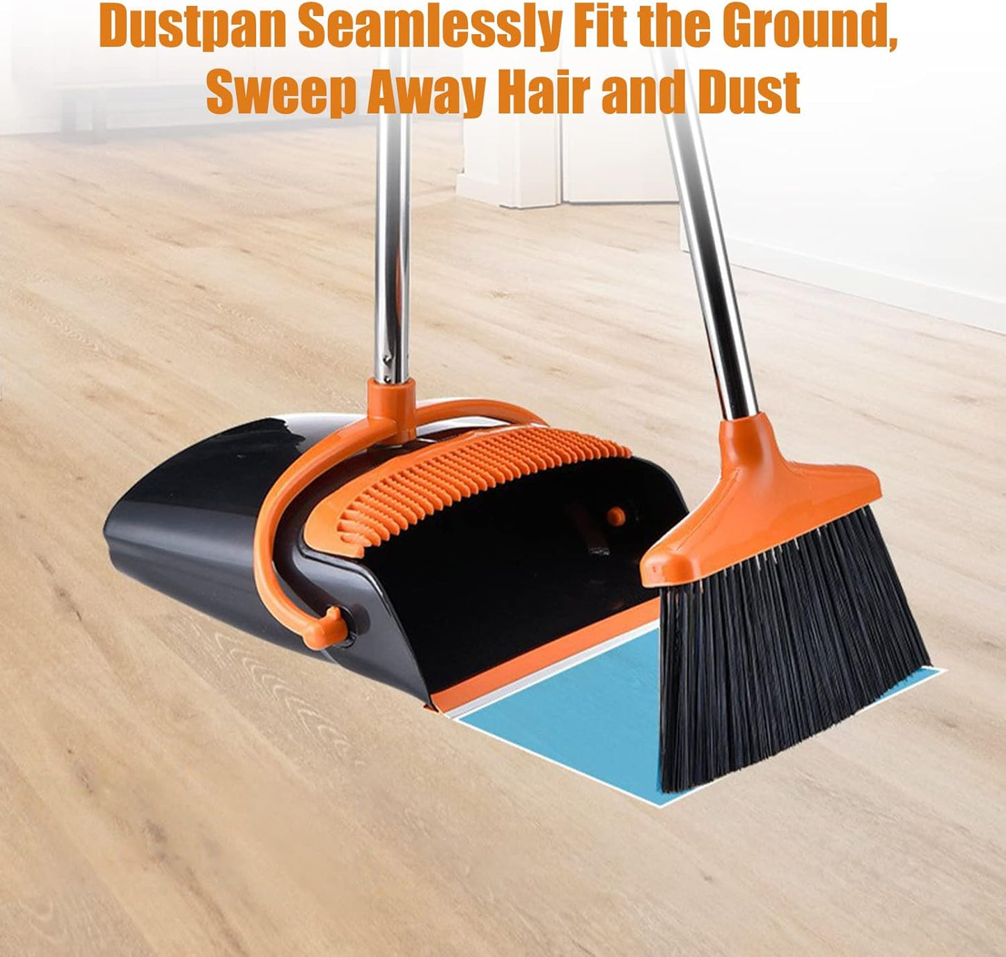 Broom and Dustpan Set with Long Handle and 6 Bonus Cleaning Tools, Upright Standing Combo with Self-Cleaning Teeth & Windproof Dustpan for Pet Hair, Home, Kitchen, Garage, Apartment