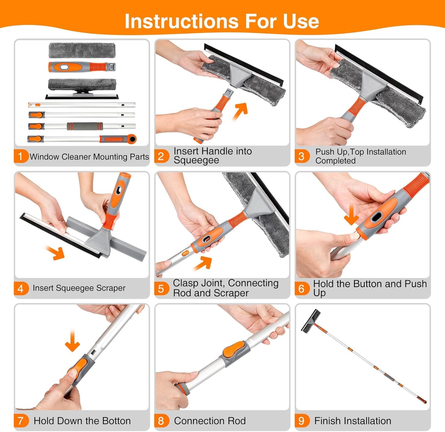 LOMIDA 2-in-1 Window Squeegee Cleaner with 62" Aluminum Extension Pole, Bendable Head for Extra Force, Heavy Duty Rotatable Window Cleaning Kit for Car/Glass/Shower (2 Fiber Pads)