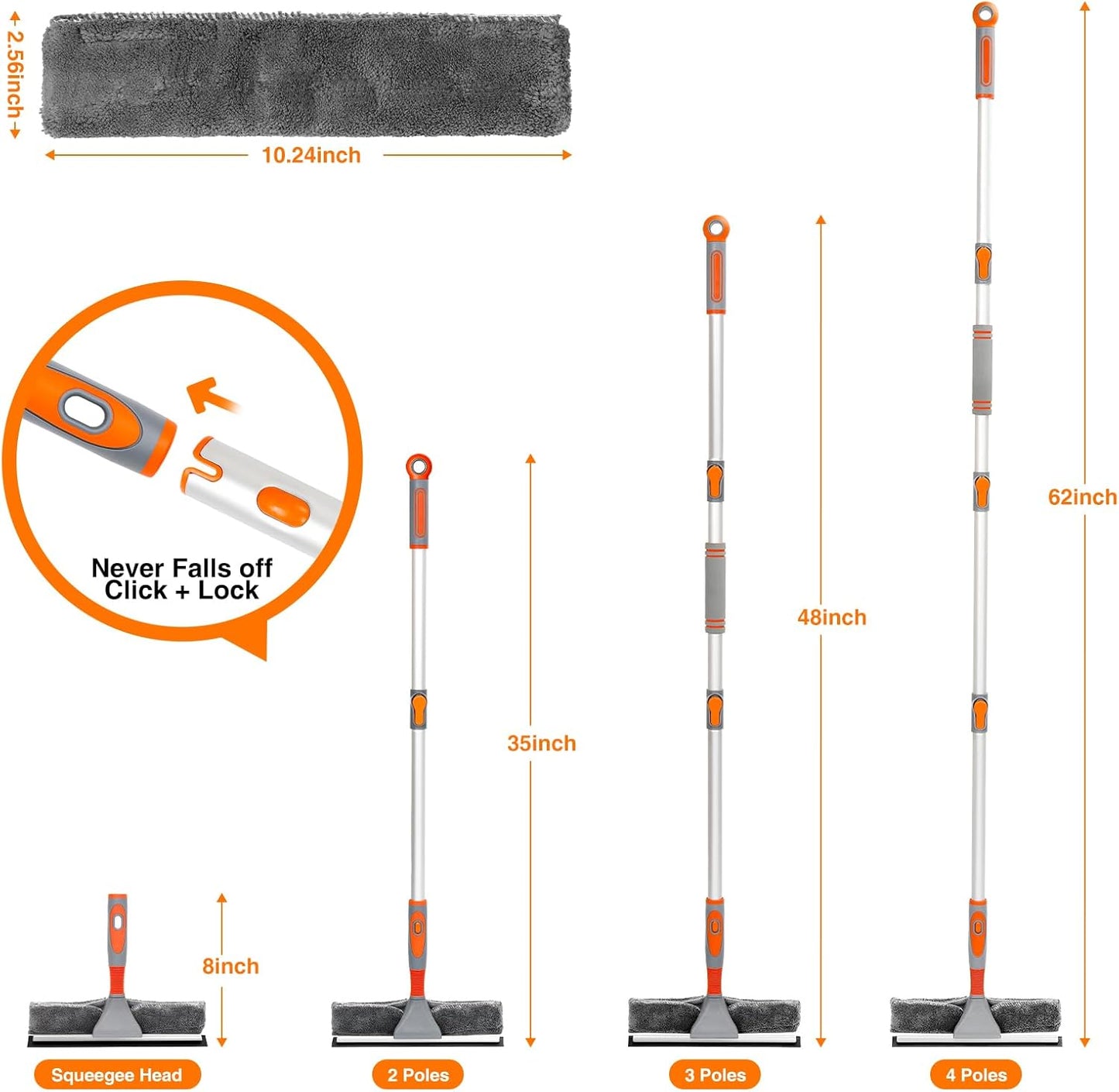LOMIDA 2-in-1 Window Squeegee Cleaner with 62" Aluminum Extension Pole, Bendable Head for Extra Force, Heavy Duty Rotatable Window Cleaning Kit for Car/Glass/Shower (2 Fiber Pads)