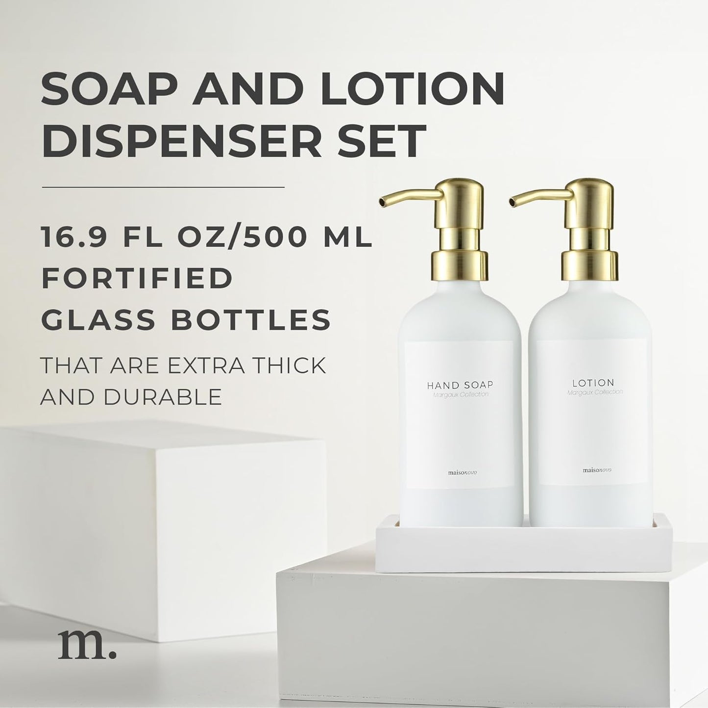 MaisoNovo Soap Dispenser 3-Piece Set | 16.9oz White Bottles with Gold Stainless Steel Pumps