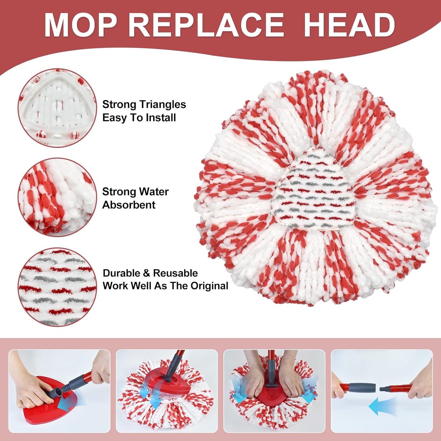 Spin Mop Replace Head, Base, Mop Handle Replacement for OCedar EasyWring 1 Tank System - Include 2 Microfiber Refills, 1 Sturdy Iron 30-58" Adjustable Mop Stick, Head Cover and Scrubber