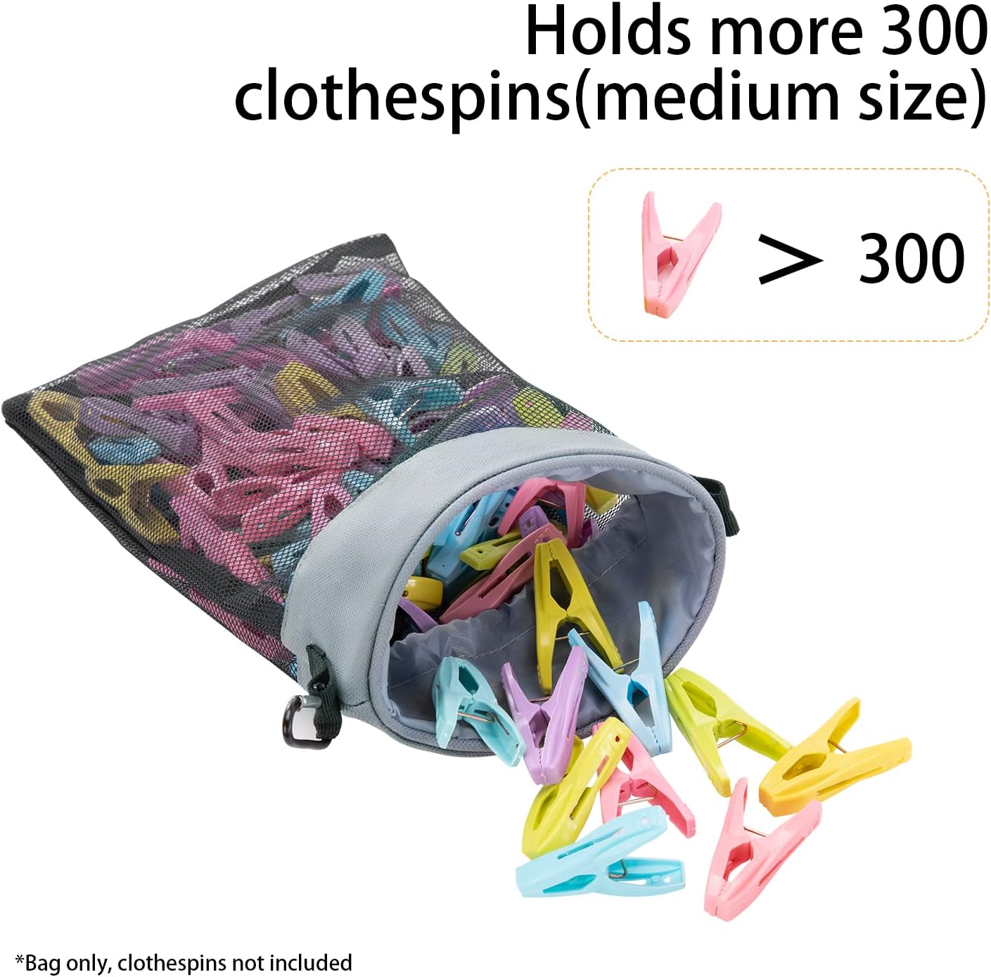 Mesh Clothespin Bag with Hooks Hanging Clothes Pin Bag with Drawstring Closure Clothespin Holder, Ventilation and Moisture Resistance, Storage Organizer, Machine Washable （Gray）