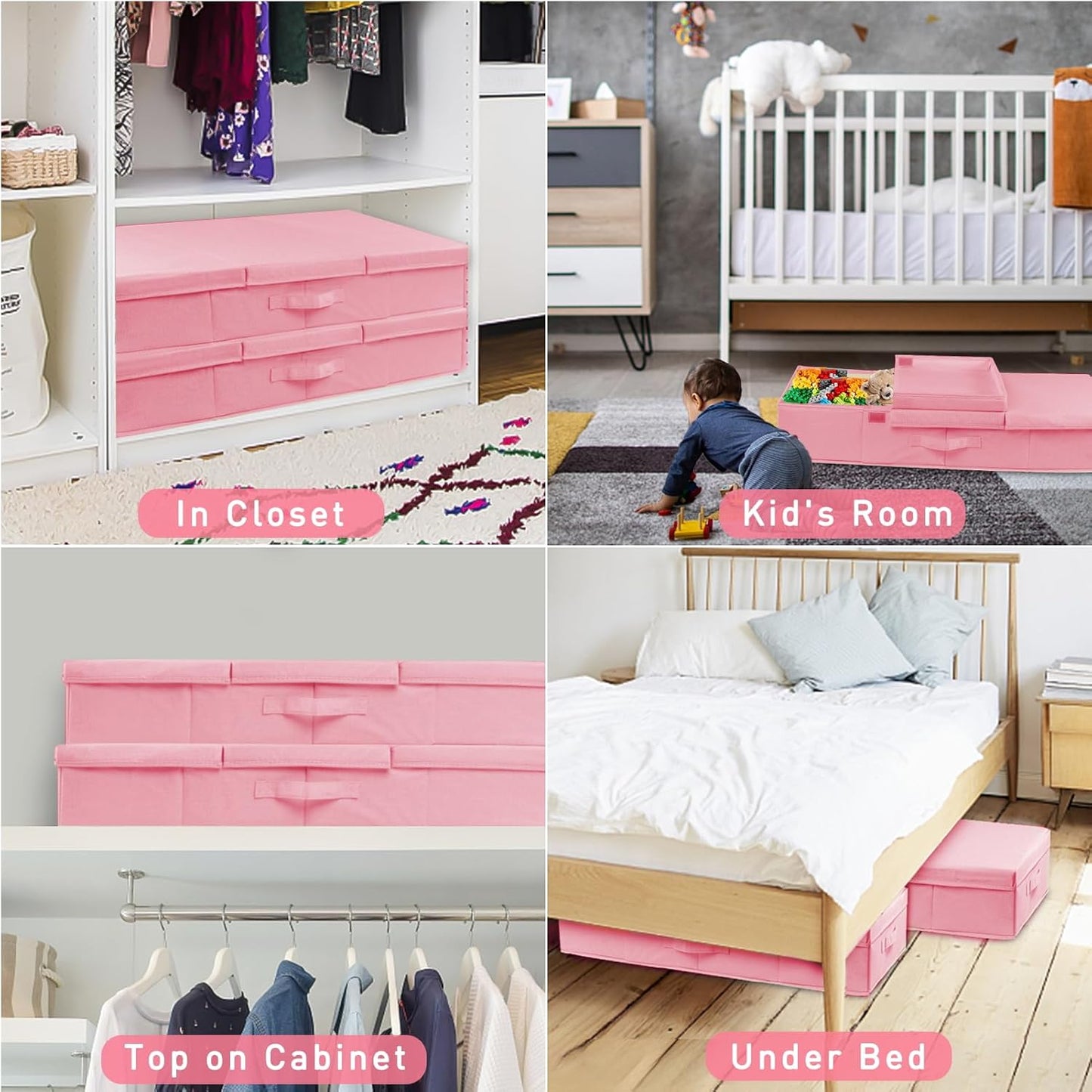 punemi Under Bed Storage With Lids, 2 Pack Pink Underbed Storage Bins Containers for Girls Daughter, Large Low Profile Stackable Drawer Organizer Box for Clothes Bedroom Couch Closet Basement