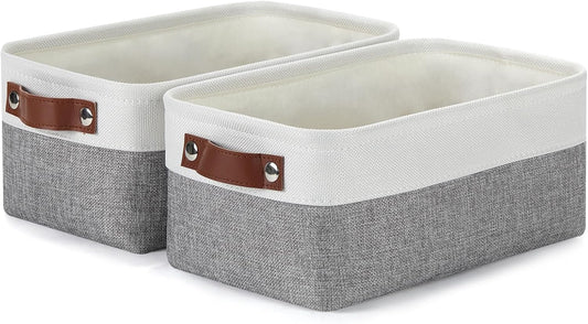 DULLEMELO Storage Baskets for Shelves, Small Fabric Storage Bins with Handles, Decorative Foldable closet storage baskets for organizing shelves(White&Grey, 2 Pack)