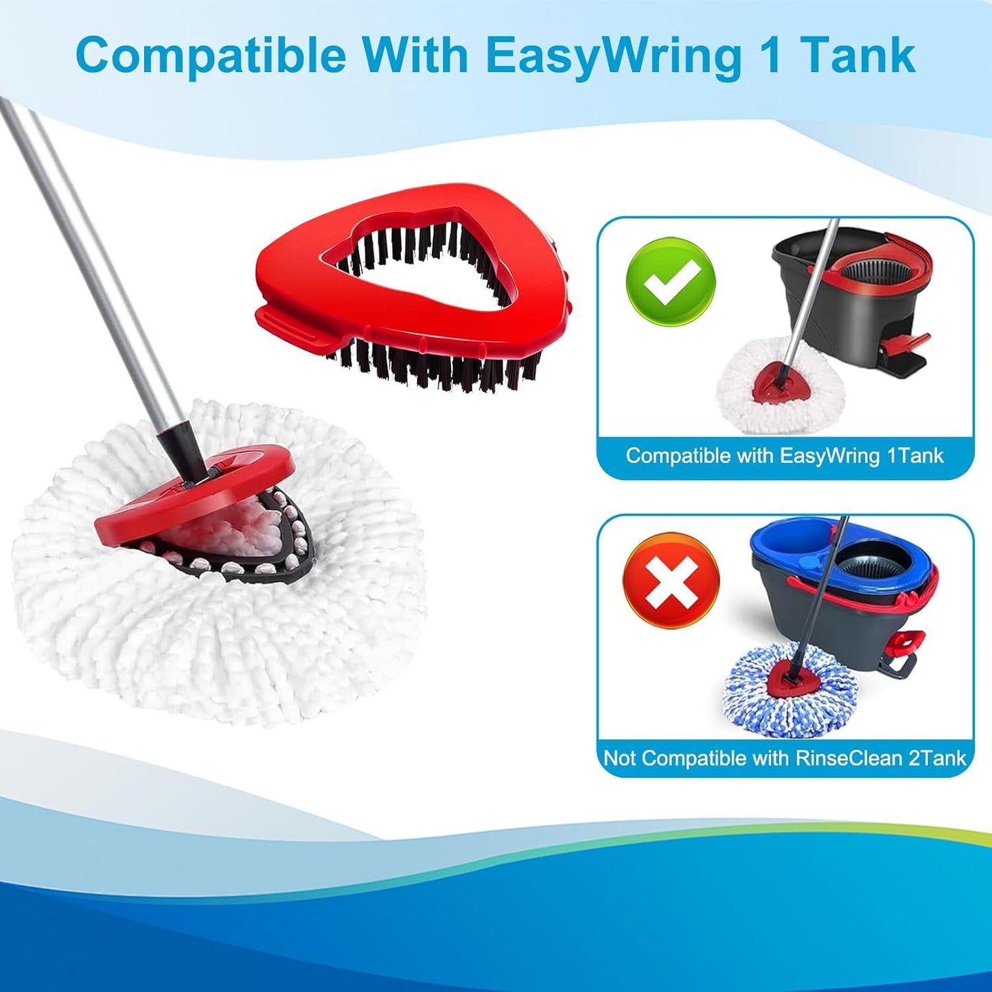 Spin Mop Head and Brush Replacement Compatible for O Cedar EasyWring 1-Tank System, 4 Microfiber Mop Refills, 1 Scrub Brush,1 Base and 30-58in Mop Stick Easy-to-Replace (White 1 Tank System)