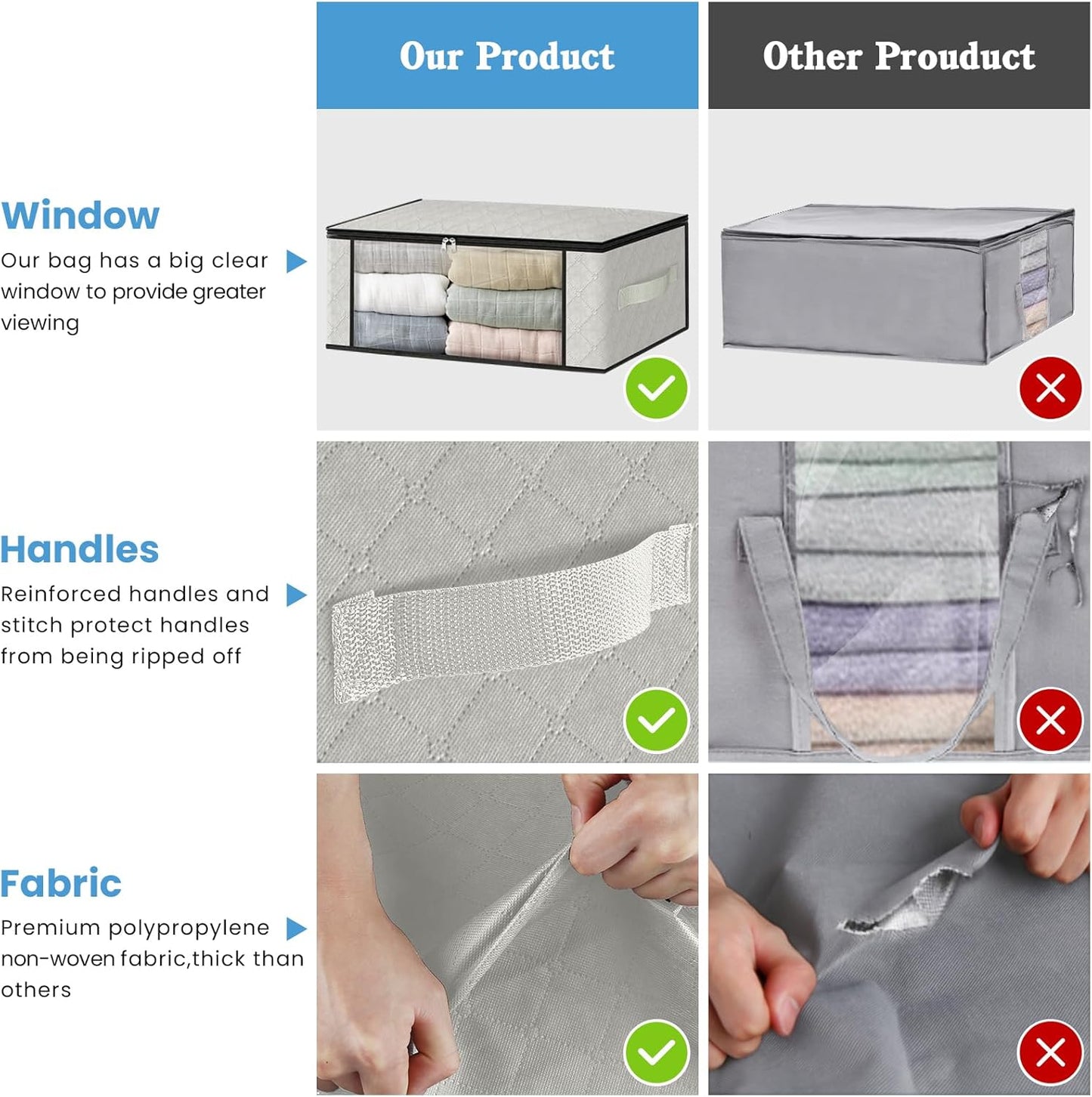 HomeHacks Storage 10-Pack Clothes Organizer Storage Bags Foldable Storage Box with Large Clear Window Sturdy Handles for Closet, Dorm, Pillows, Bedding, Clothes, Blankets, 35L, Ivory